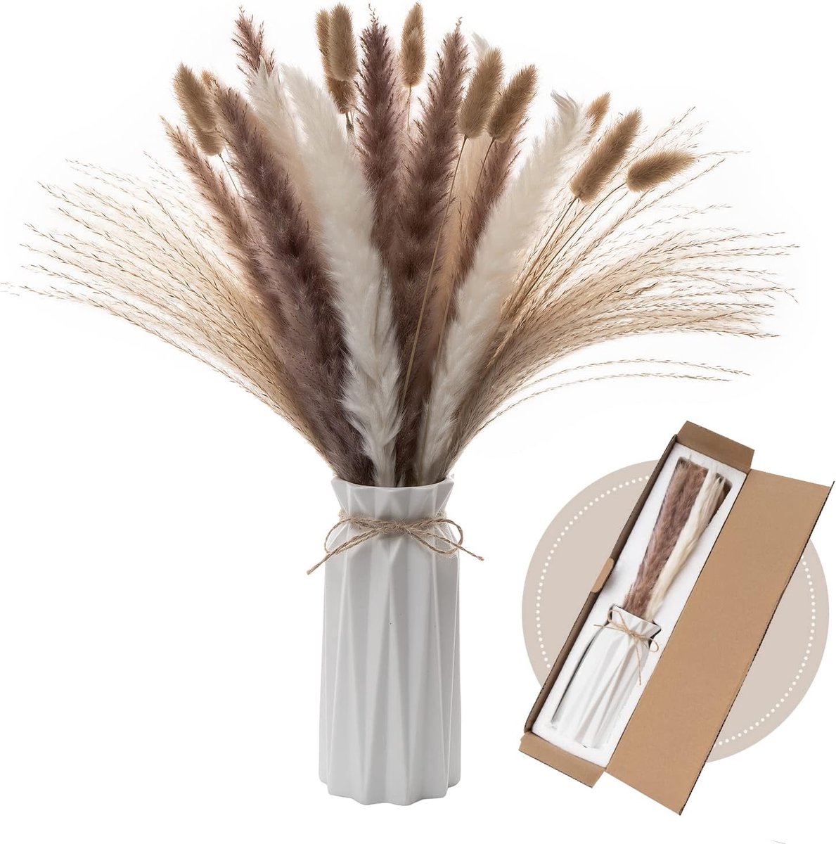 SnelShoppen - Erba Della Pampas Decoratieve Set van 44 Stuks Natuurlijke Pampas Grassen met Vaas Inclusief, Ideaal voor Bruiloften, Feesten en Boho De