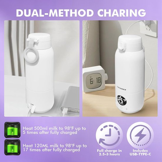 SnelShoppen - Portable Baby Bottle Warmer - 500ml Grote Capaciteit, Snelle Verwarming en Snelladen met USB Type-C Kabel voor Thuis en Reizen — afbeelding 3