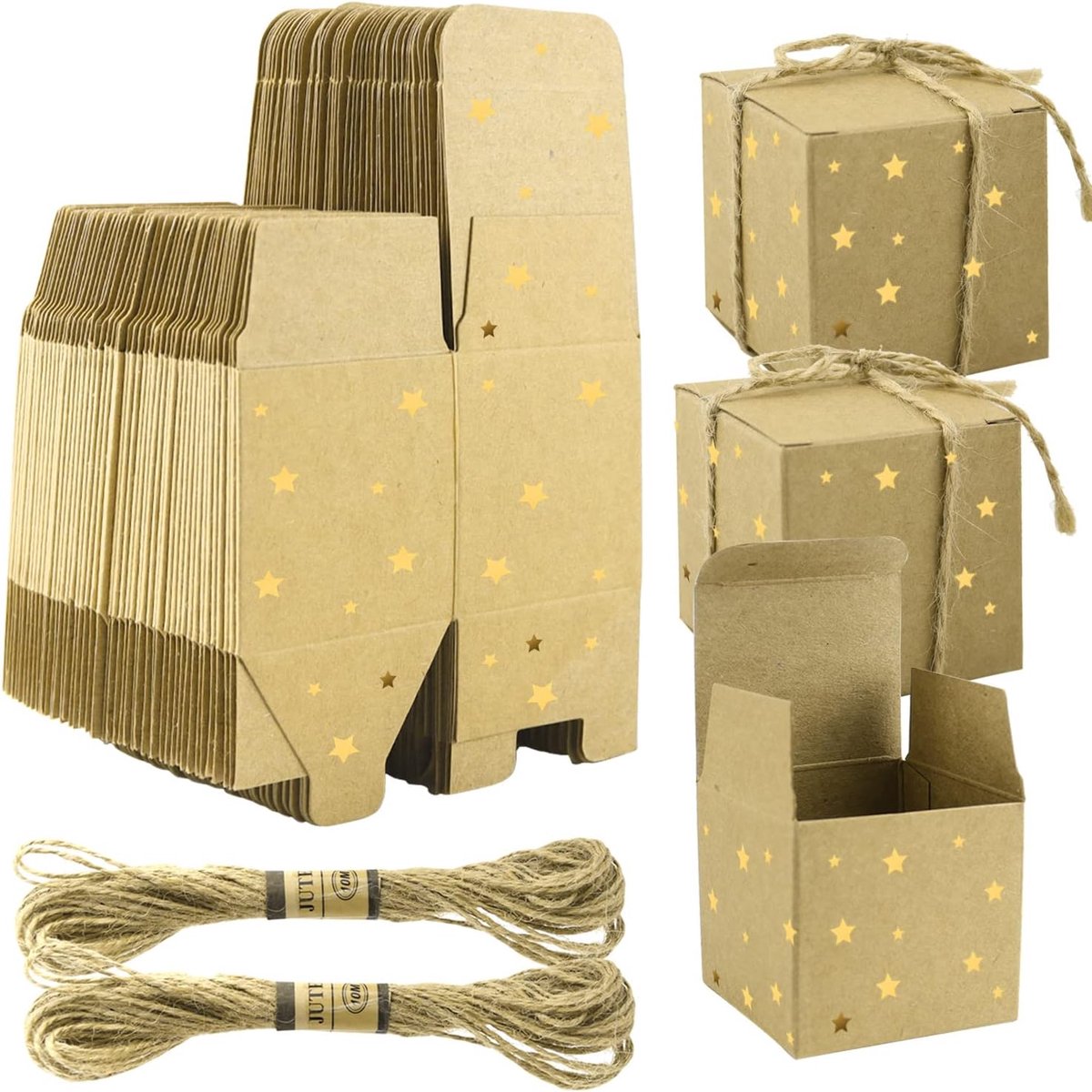 SnelShoppen - 50 Stuks Kleine Cadeau Dozen Bruin 5x5x5 cm, Kraft Papier Geschenken, Gouden Ster Dozen met Deksel voor Trouwerij, Kerst, Feestjes