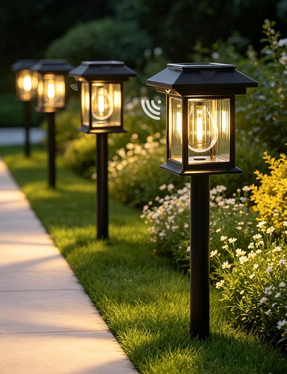 SnelShoppen - 4 Stuks Solar Tuinverlichting met Bewegingssensor, Oplaadbare USB, 1200mAh Batterij, 3000K Warm Wit, IP65 Waterdicht voor Tuin, Pad, Ter
