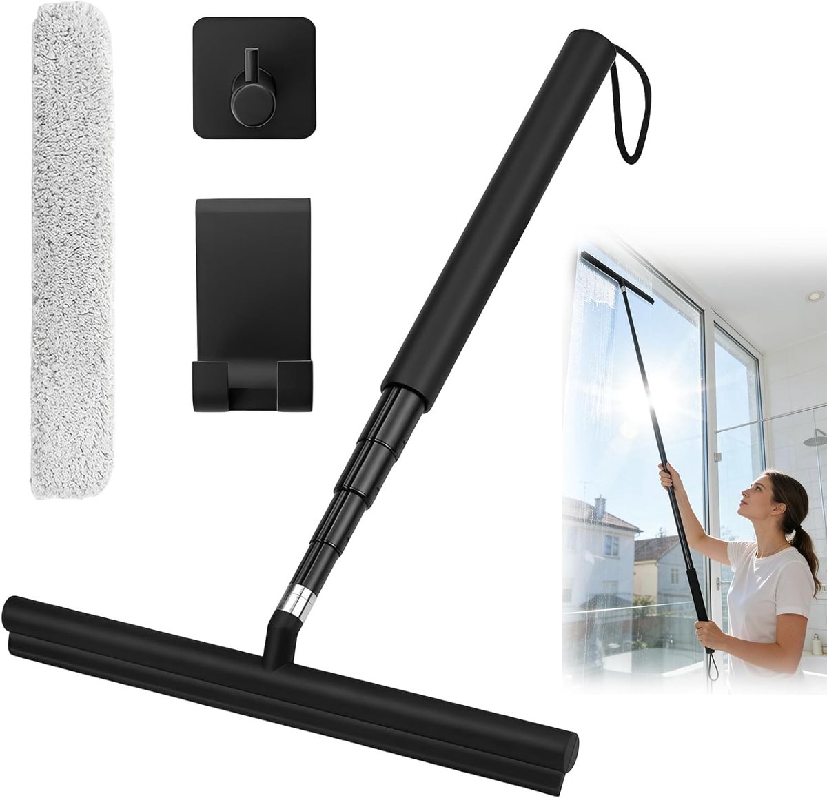 SnelShoppen - Verstelbare Douchewiper Zwart 30-120cm - Silicone Glaswisser voor Badkamer, Ramen, Tegels en Auto - Efficiënt Schoonmaken zonder Bukken