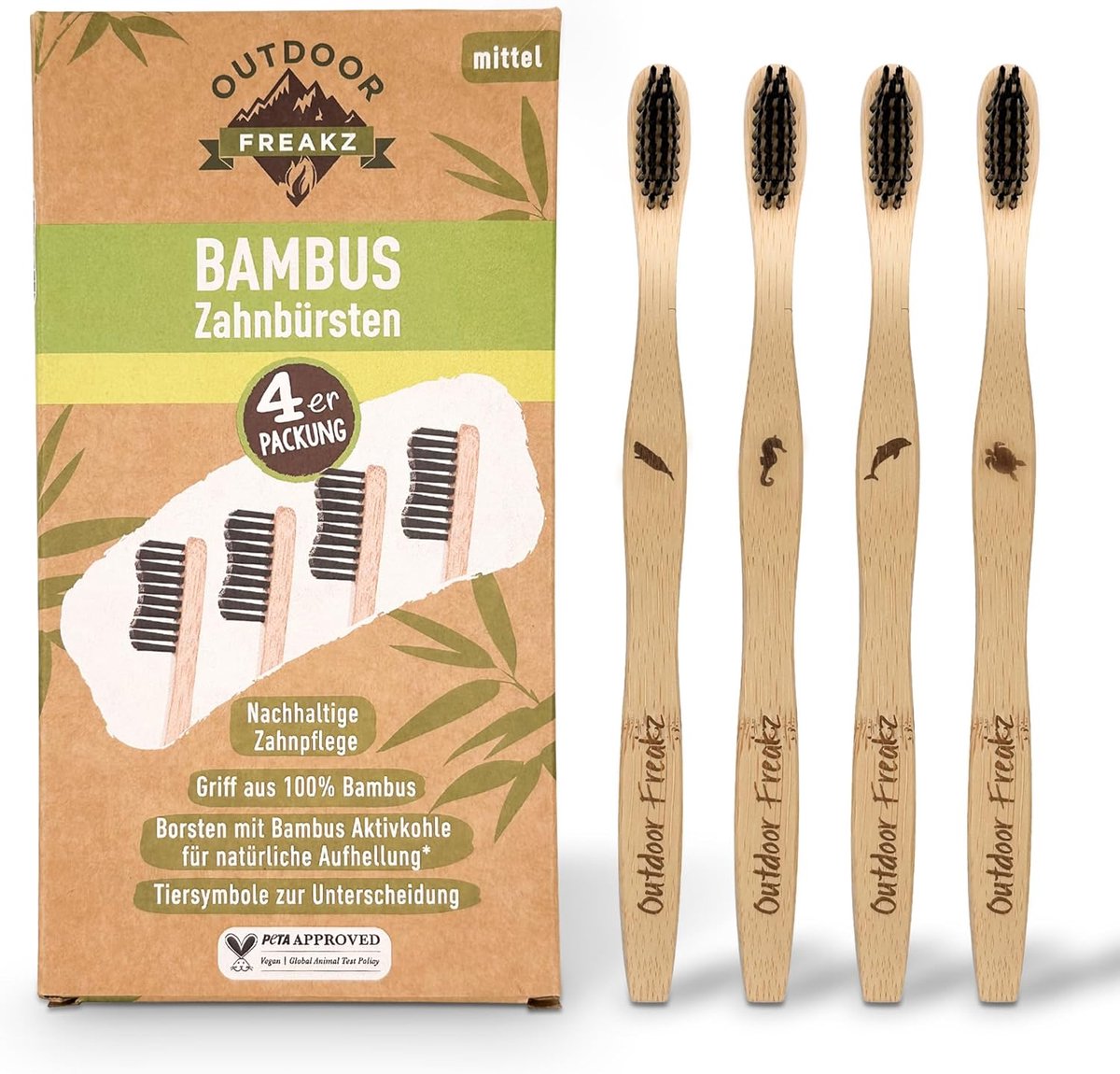 SnelShoppen - Set van 4 Bamboo Houten Tandenborstels, Vegan, Biologisch Afbreekbaar, 100% BPA-Vrij, Bamboo Hout met Houtskool Haren, Milieuvriendelijk