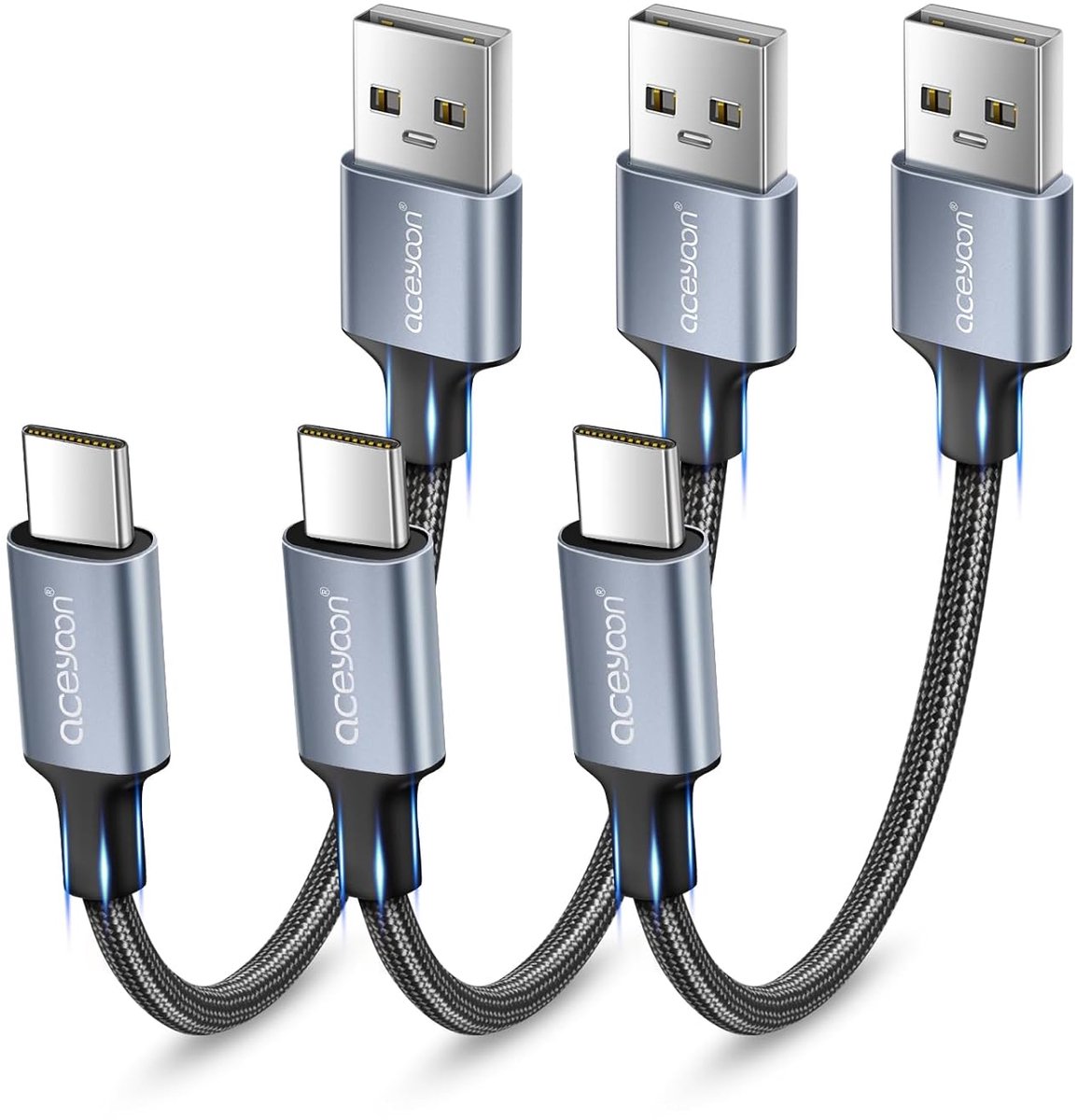 SnelShoppen - USB C Kabel Korte 10cm - 3 Stuks 3A USB Type C Snelle Oplaadkabel met Nylon Gevlochten Design voor Gaming, Video's, Ebooks, Ideaal voor