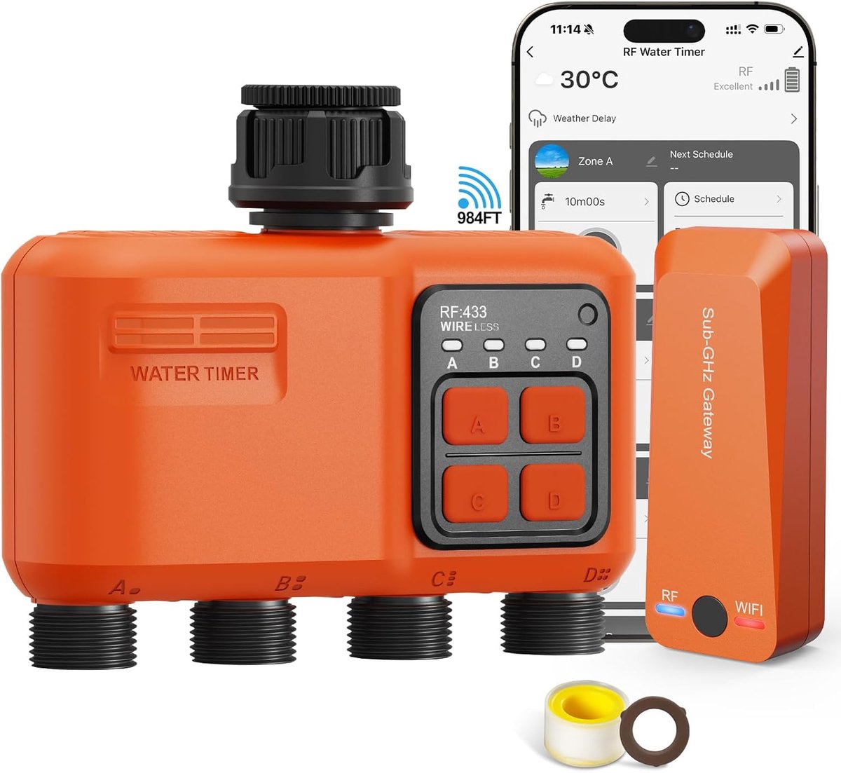 SnelShoppen - Smart WiFi Sprinkler Timer 4 Zone, Tuin Water Timer met 300M Bereik, APP & Afstandsbediening, Compatibel met Alexa & Google Voice, Regen