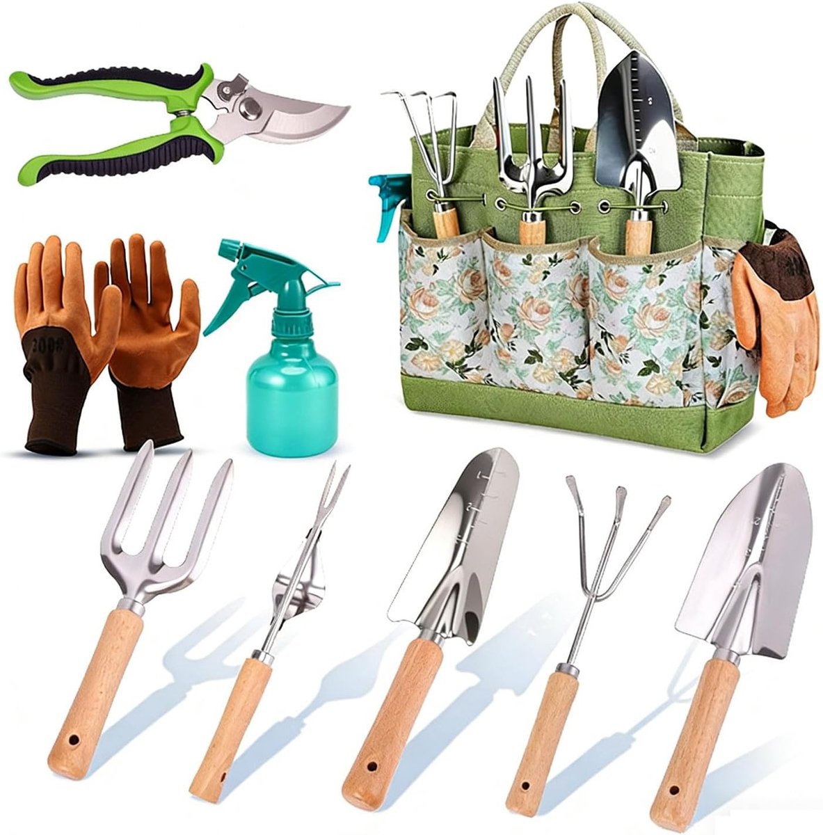 SnelShoppen - Tuingereedschapsset 9-delig met Draagtas - Roestvrij Staal Tuingereedschap met Houten Handgrepen - Tuinschaar, Tuinhandschoenen, Spuitfl