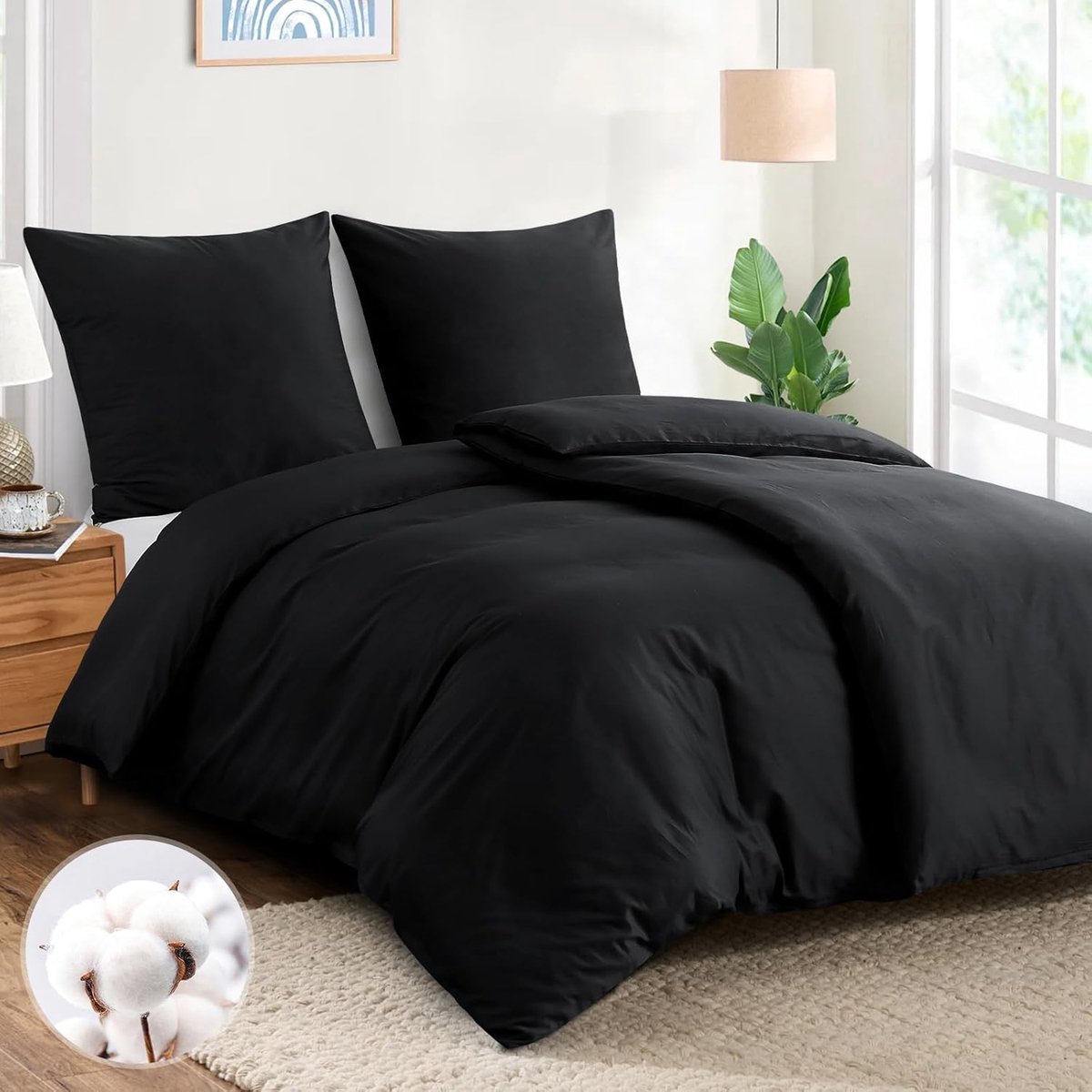 SnelShoppen - Beddenset 135x200 cm Katoen 4-delige Set met Rits en 2 Kussenslopen 80x80 cm Zwart Oeko-Tex Gecertificeerd - Ademend en Comfortabel