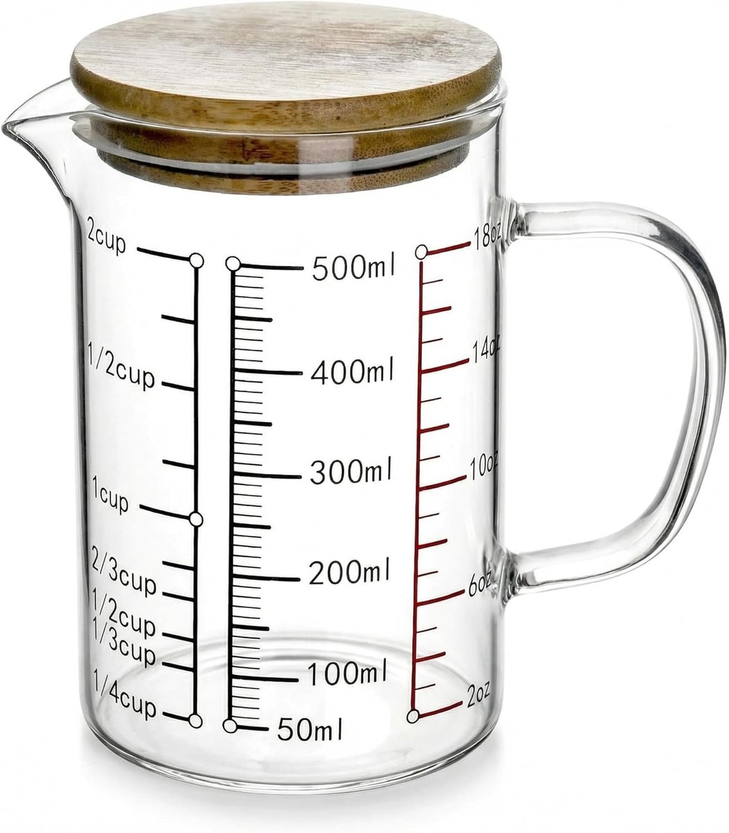 SnelShoppen - 500ml Borosilicaat Glazen Maatbeker met Bamboe Deksel, Hitte- en Kouduithoudend, Magnetronbestendig, Voor Bakken, Keuken, Meerdere Schal