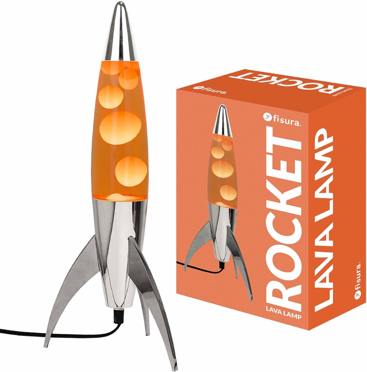 SnelShoppen - Retro Lava Lamp Rocket Oranje met Chroom Basis - Decoratieve Tafel Lamp met Reserve Lamp - 20cm x 20cm x 45cm voor Feest, Kinderkamer en