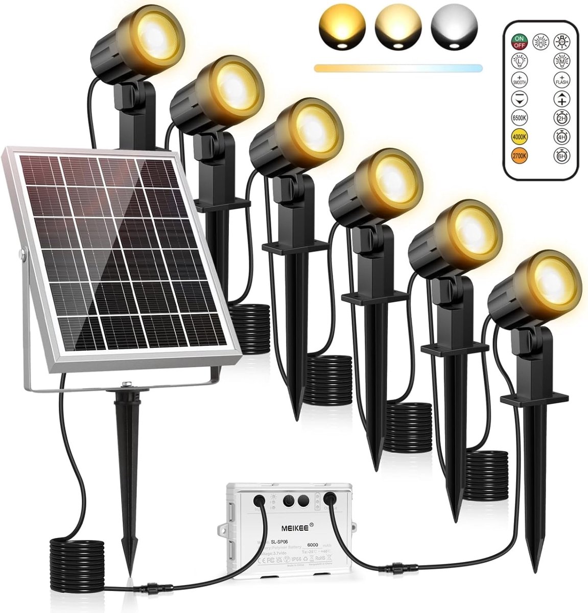 SnelShoppen - MEIKEE LED Solar Lights 6-in-1 Tuinverlichting Buiten Waterproof IP66 6W 6000mAh Met Afstandsbediening Dimbaar Warm en Koud Licht