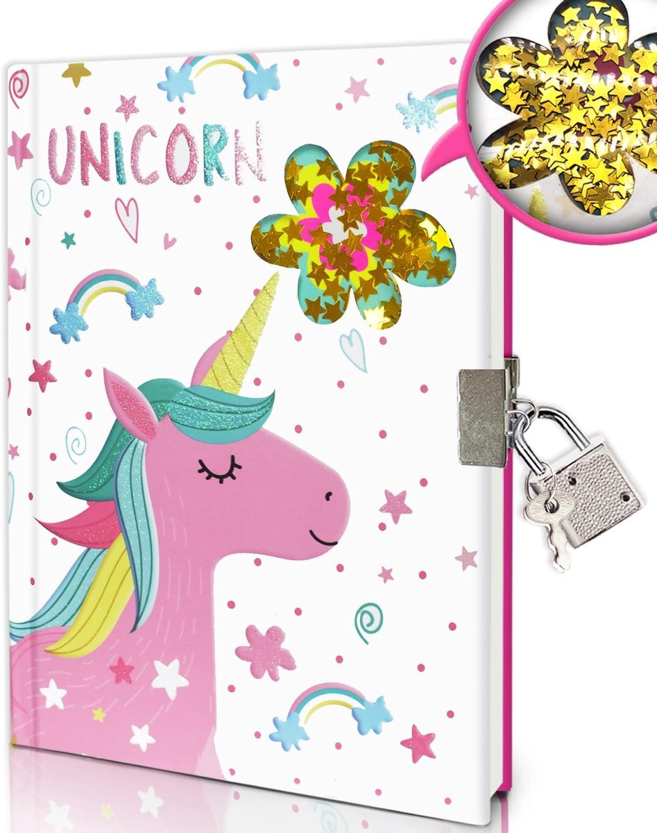 SnelShoppen - Unicorn Secret Diary met Slot voor Meisjes, Schudbare Pailletten Notitieboek 17.7x13.5cm, 160 Bladzijden Kinderdagboek voor Kinderen 5-1
