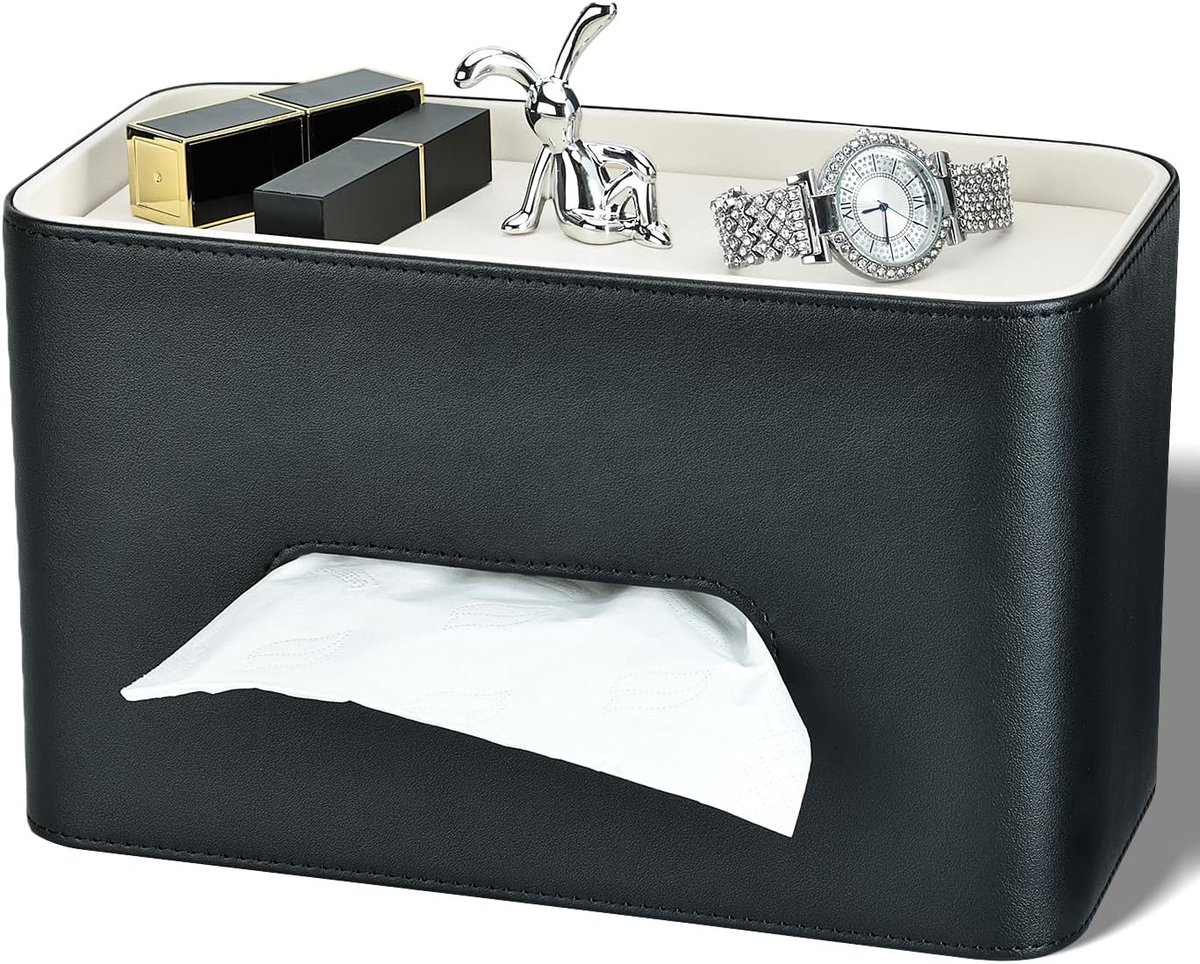 SnelShoppen - PU Leren Tissue Box Houder met Opberg Tray, Rabbit Handvat & Telefoonhouder, Voor Thuis, Kantoor, Badkamer, Auto - Zwart