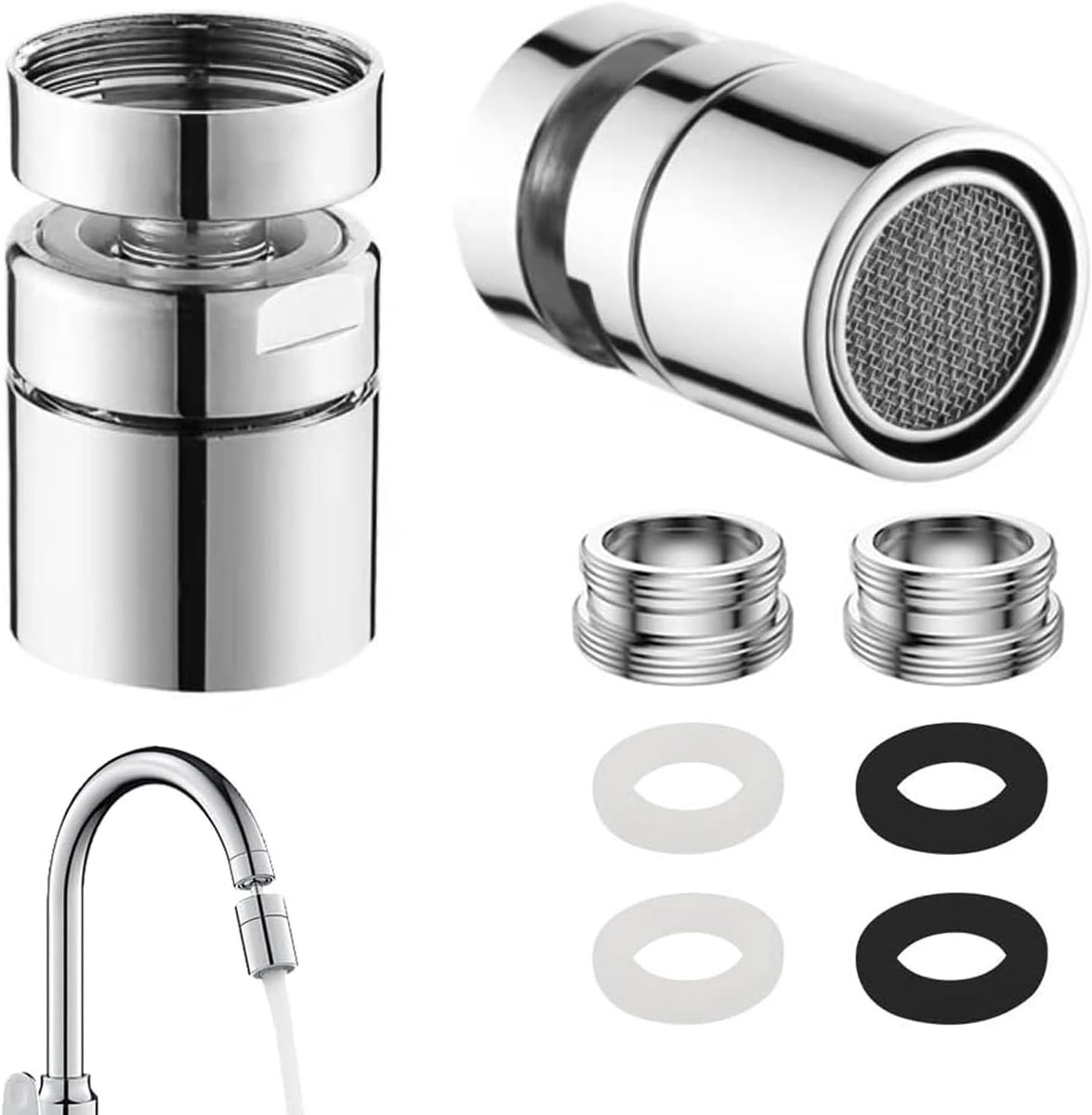 SnelShoppen - Tap Attachment Set van 2 - 360° Rotatable Tap Connection met M22 Male en M24 Female Thread - Hoogwaardige Koper, Silver - Ideaal voor Ke