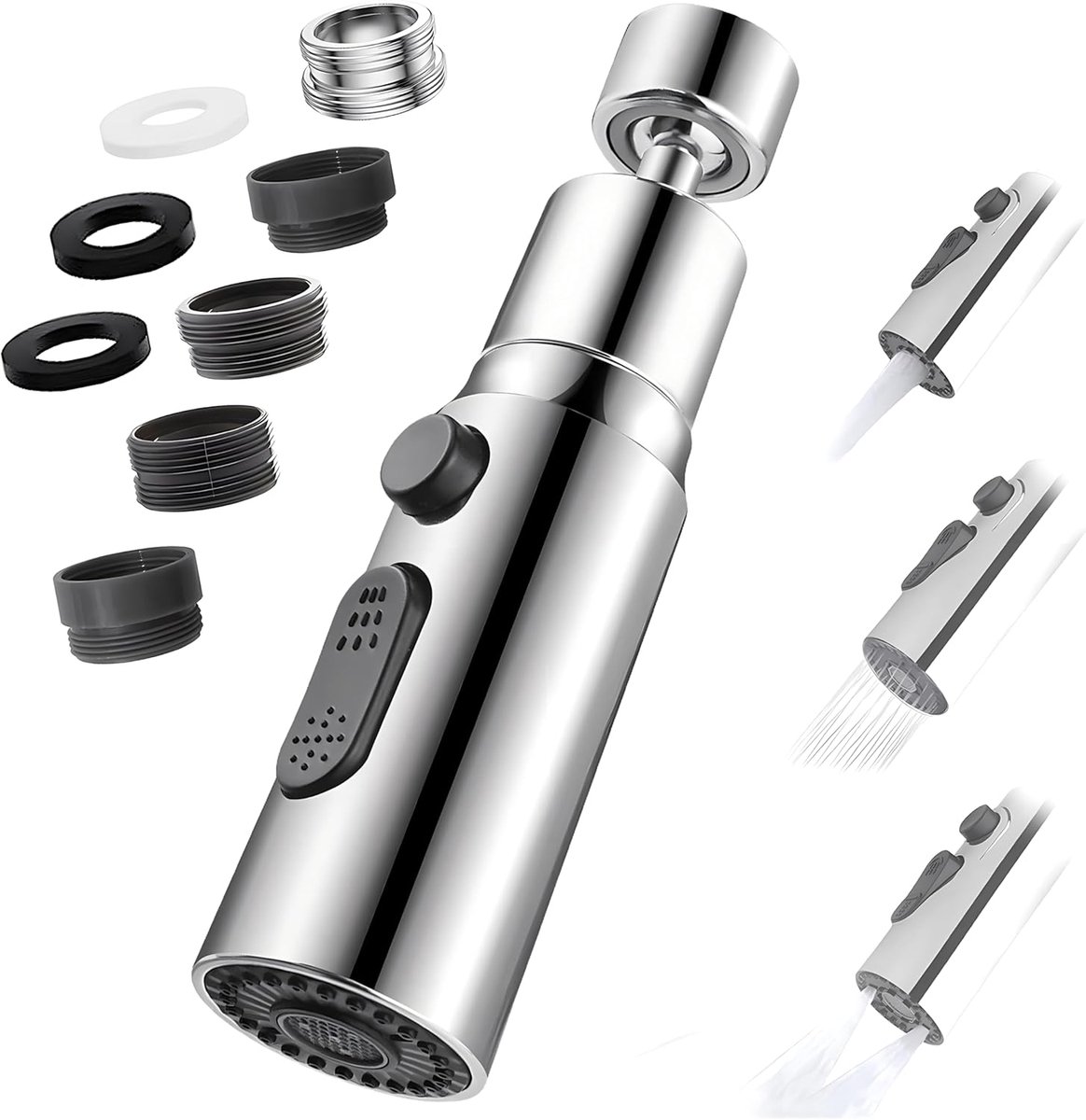SnelShoppen - Keukenkraan Accessoire 360° Rotatable Spout met 3 Waterstroom Modi, 4-Lagen Filtering, 6 Adapters, Ideaal voor Keuken en Badkamer - Zilv