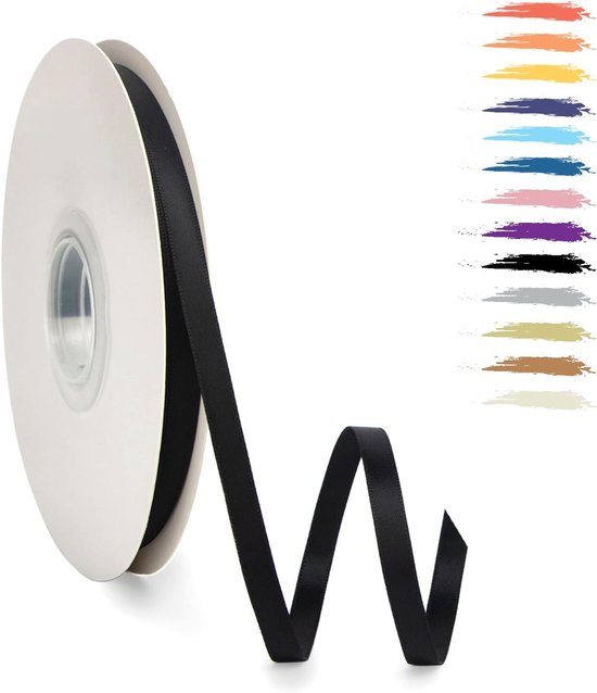 Zwart satijnlint op een witte spoel, getoond met een kleurenpalet van diverse lintstalen.