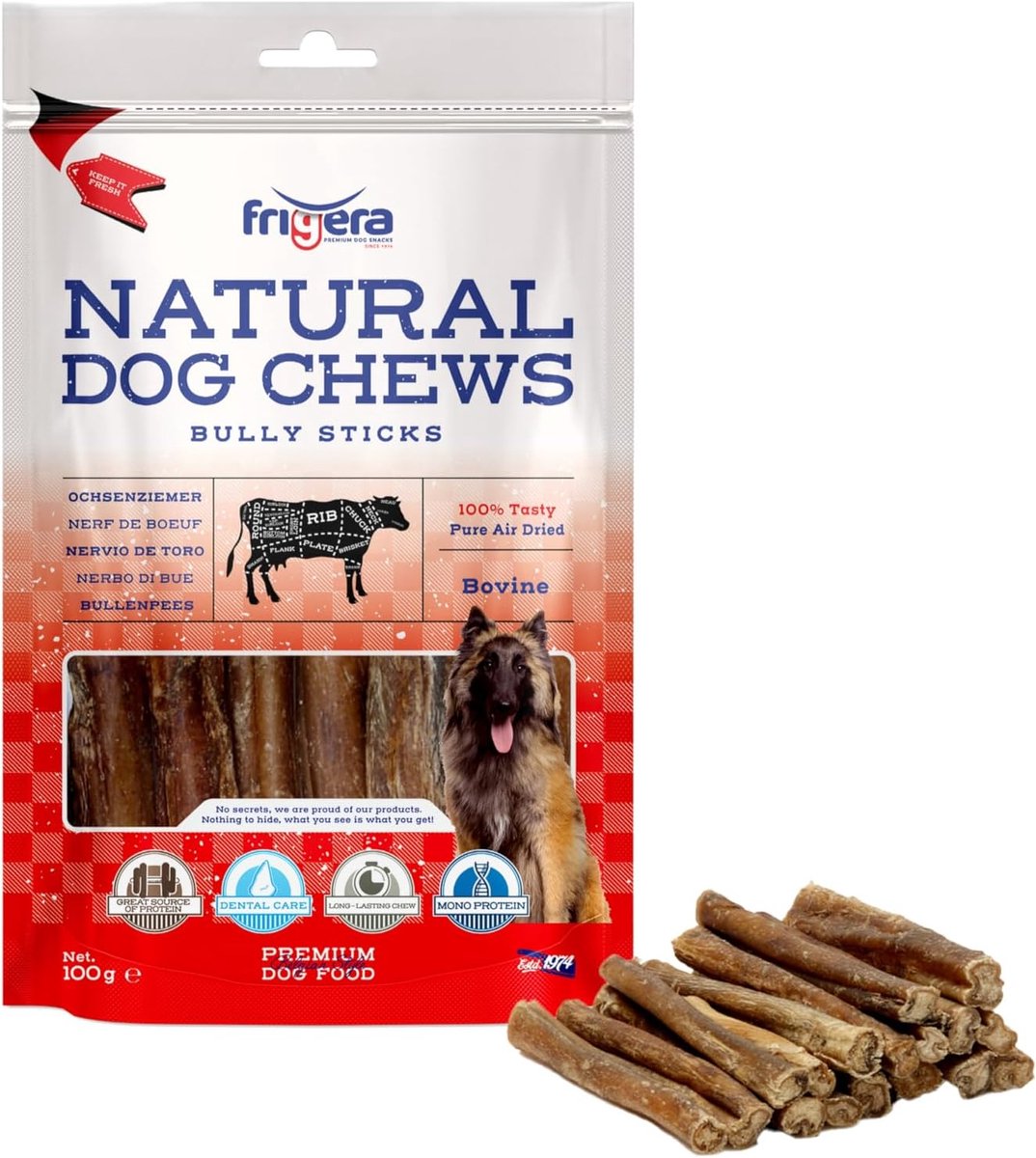 SnelShoppen - Frigera Bullentendon 12cm 100g - Natuurlijke Honden Snacks, Hoog Eiwit, Gluten- en Graanvrij, Zonder Additieven, Langdurig Kauwen, Tandv