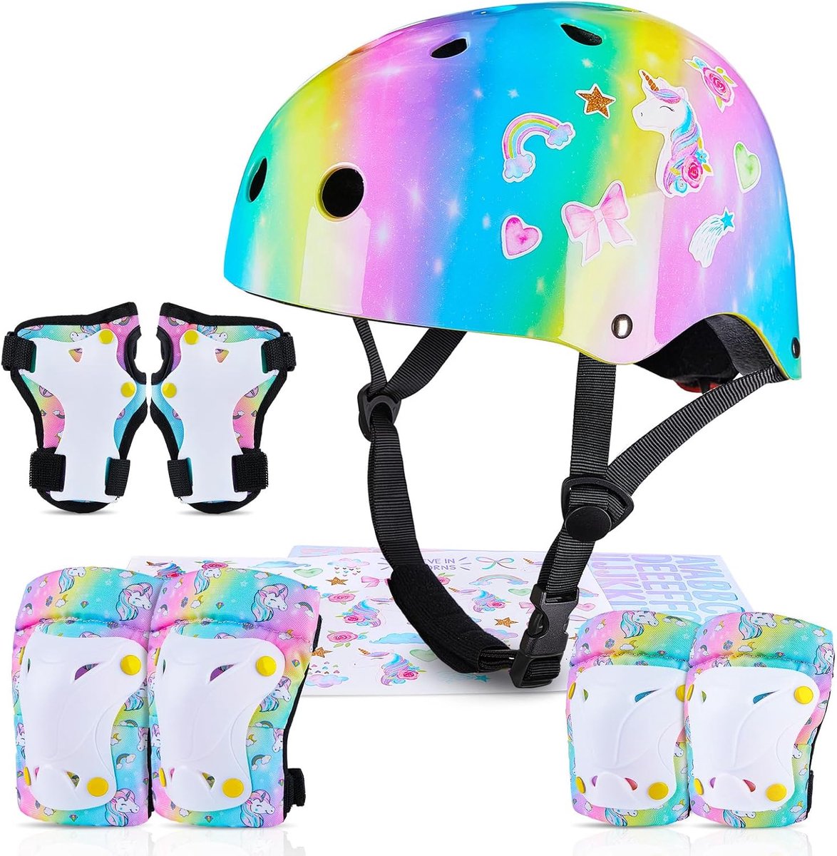 SnelShoppen - Kids Fietshelm en Beschermers Set met DIY Stickers voor Meisjes en Jongens - Unicorn Helm en Knie- en Elleboogbeschermers - 7-in-1 Veili