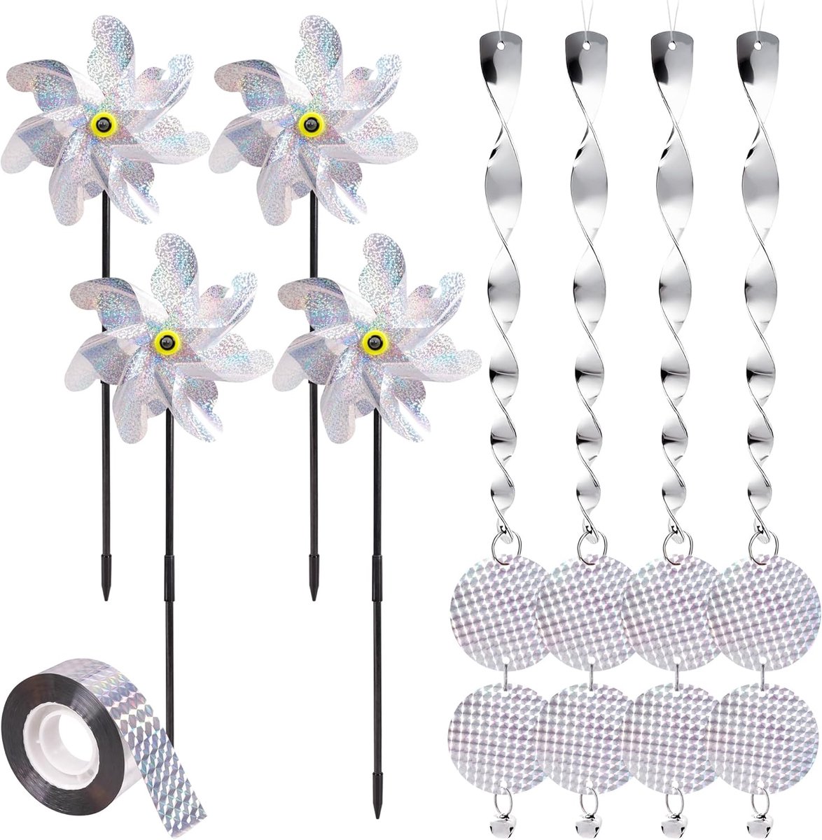 SnelShoppen - Bird Defense Set voor Buiten - Pigeon Deterrent Windmill Tuin en Balkon - Reflectieve Spiral Stokken en Band - Scarecrow Tegen Spreeuwen