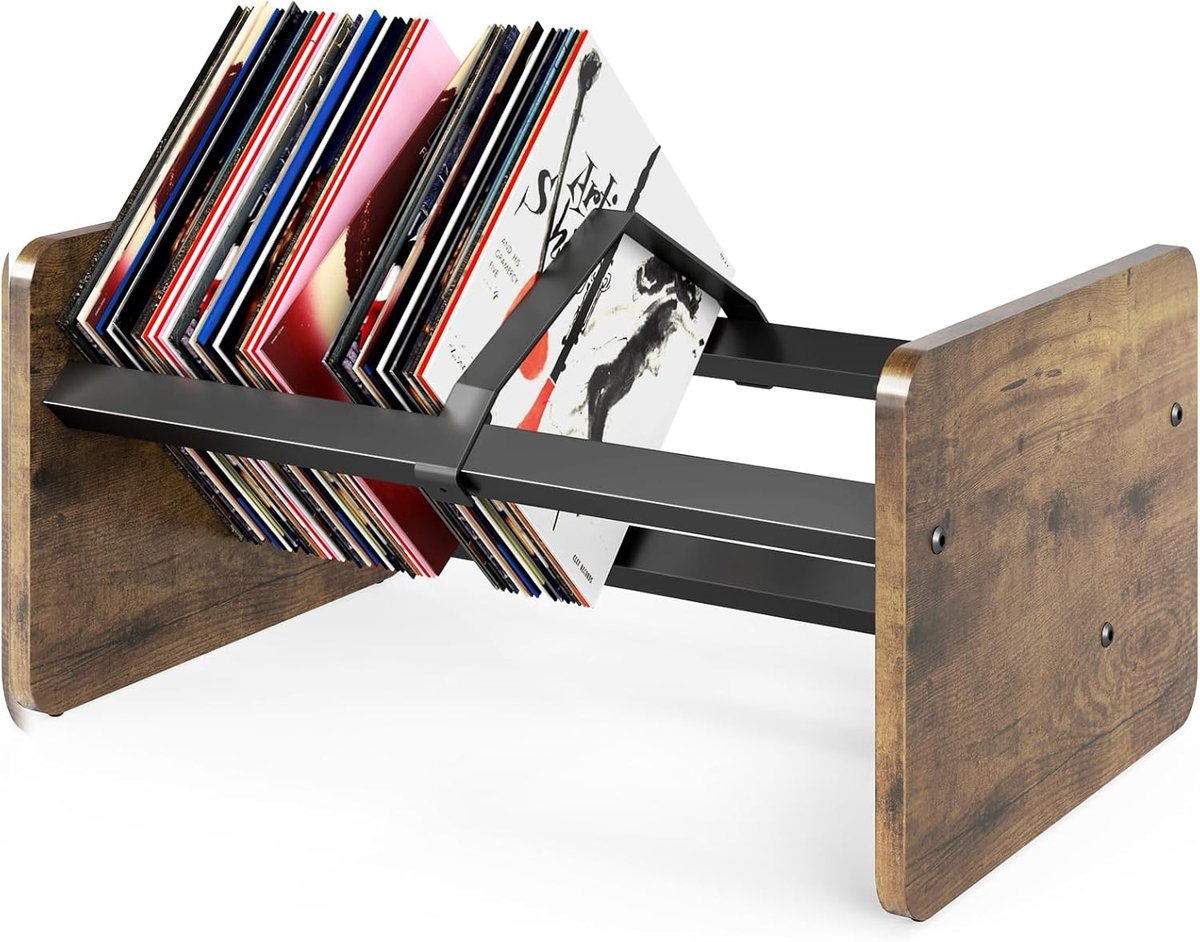 SnelShoppen - TVON Vinyl Record Opslagstandaard - Desktop Vinyl Houder voor 80-100 LP's - Verstelbare Houten & Metalen Vinyl Displayrek voor Thuisdeco