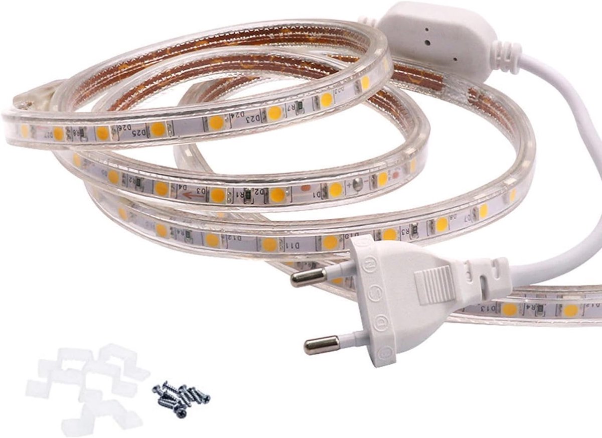 SnelShoppen - 1m LED Strips Warm White - 220V 230V LED Lichtstrip - 60 Leds/m - IP65 Waterdichte Achtergrondverlichting - Flexibel en Plug & Play
