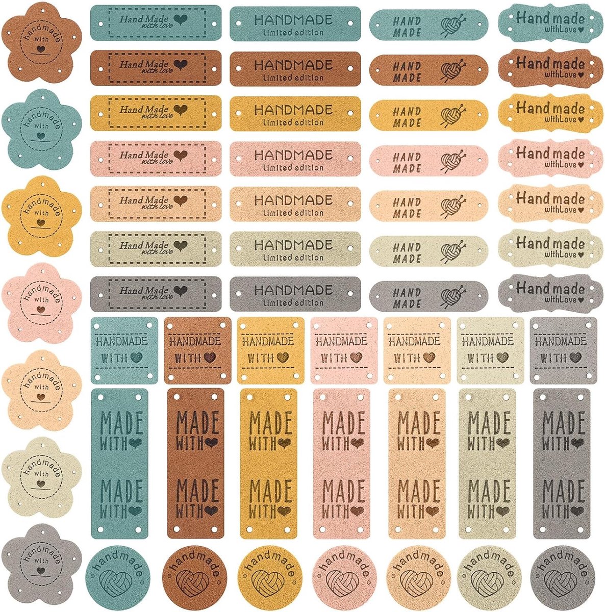 SnelShoppen - 56 Stuks Handgemaakte Leren Labels voor Haakwerk, 8 Stijlen Multicolor Geëmbossed Leren Labels met Gaten voor Tassen, Sjaals, Kleding, B