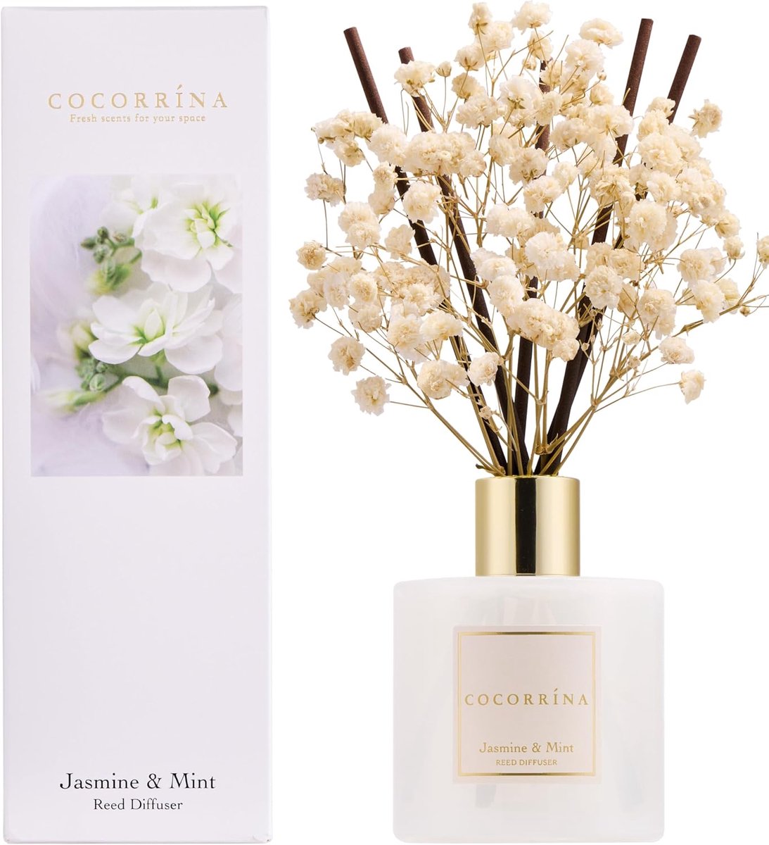 SnelShoppen - Rum Geur Reed Diffuser 200ml met 8 Geurstokjes, Jasmijn & Munt, Natuurlijke Langdurige Geur, Essentiële Olie Diffuser voor Badkamer Deco