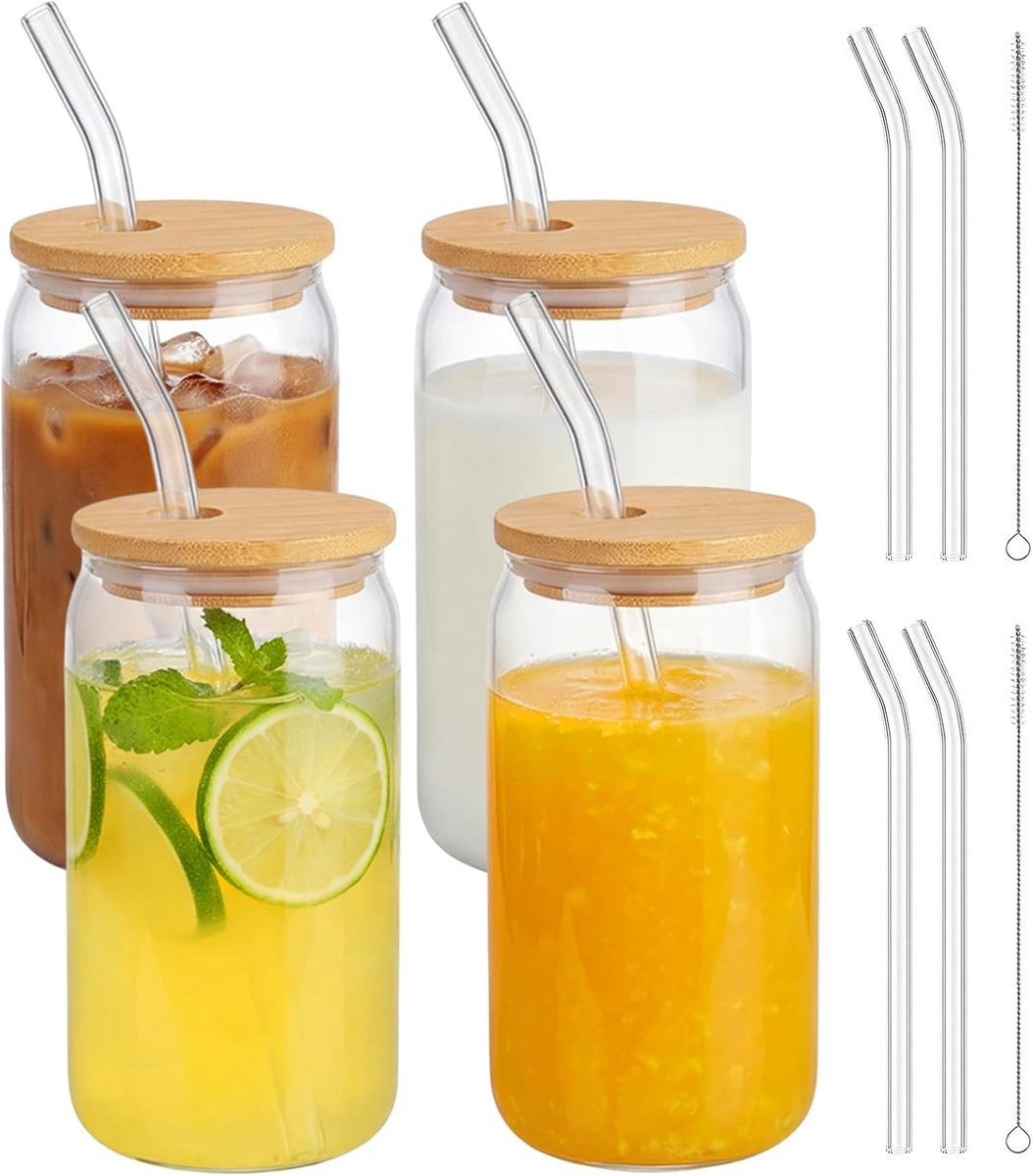 SnelShoppen - 4er Set Matcha Glazen Drinkglazen met Rietje en Deksel, 500ml Borosilicaat Glazen Mok voor Cocktails, Whisky, Iced Coffee, Juices en Sof