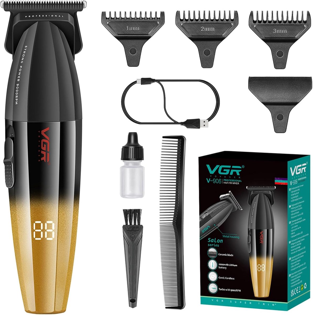 Thijox - Professionele Draadloze Tondeuse VGR 906 Fresh Fade, 9000 tpm Zero Gapped Baardtrimmer voor Mannen, Kappers, USB Oplaadbaar, Goud