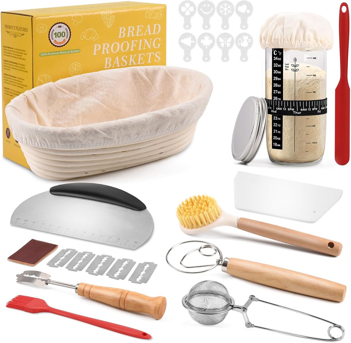 Thijox - Rijsmandje Ovaal 25 cm Compleet Zuurdesemstarterkit met Pot, Ovale Banneton-rijsmanden en 11-delige Accessoireset voor Broodbakken, Cadeauset