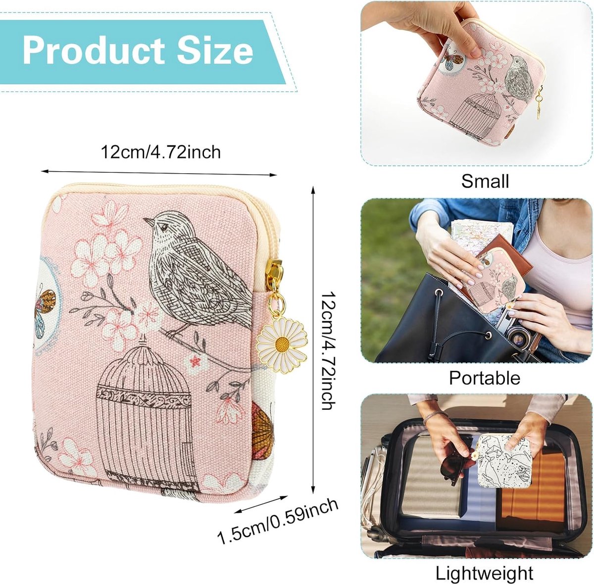 Maandverband Tasje - 2 Stuks - Madeliefje met rits - Tampon Doosje - Muntportemonnee - Toilettas - Opbergzakje - Mini Make up Tas -Luiertas - Voor vrouwen, tieners, meisjes, school - Wit – foto 5