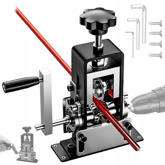 Draadstripmachine met handvat, schroef en boormachine. Kleine weergave en gereedschap in achtergrond.