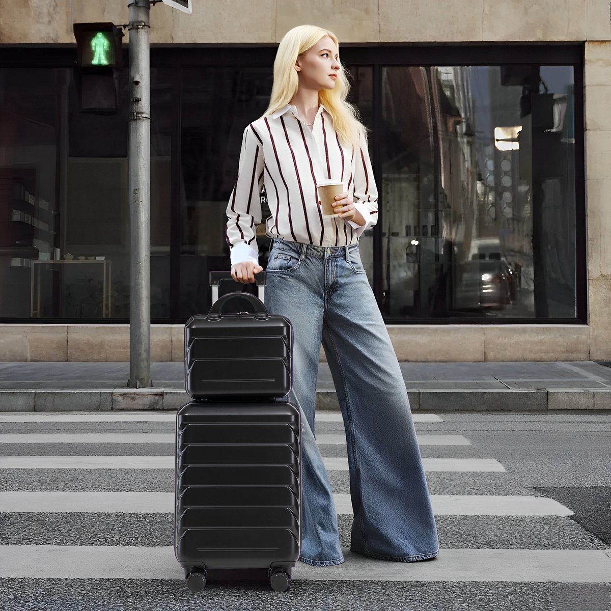 VVBV Kofferset 2 Delig 14/19 inch - ABS Hardcase, Handbagage Koffer, Beautycase, Spinner Wielen, Cijferslot, Zwart, Vakantie