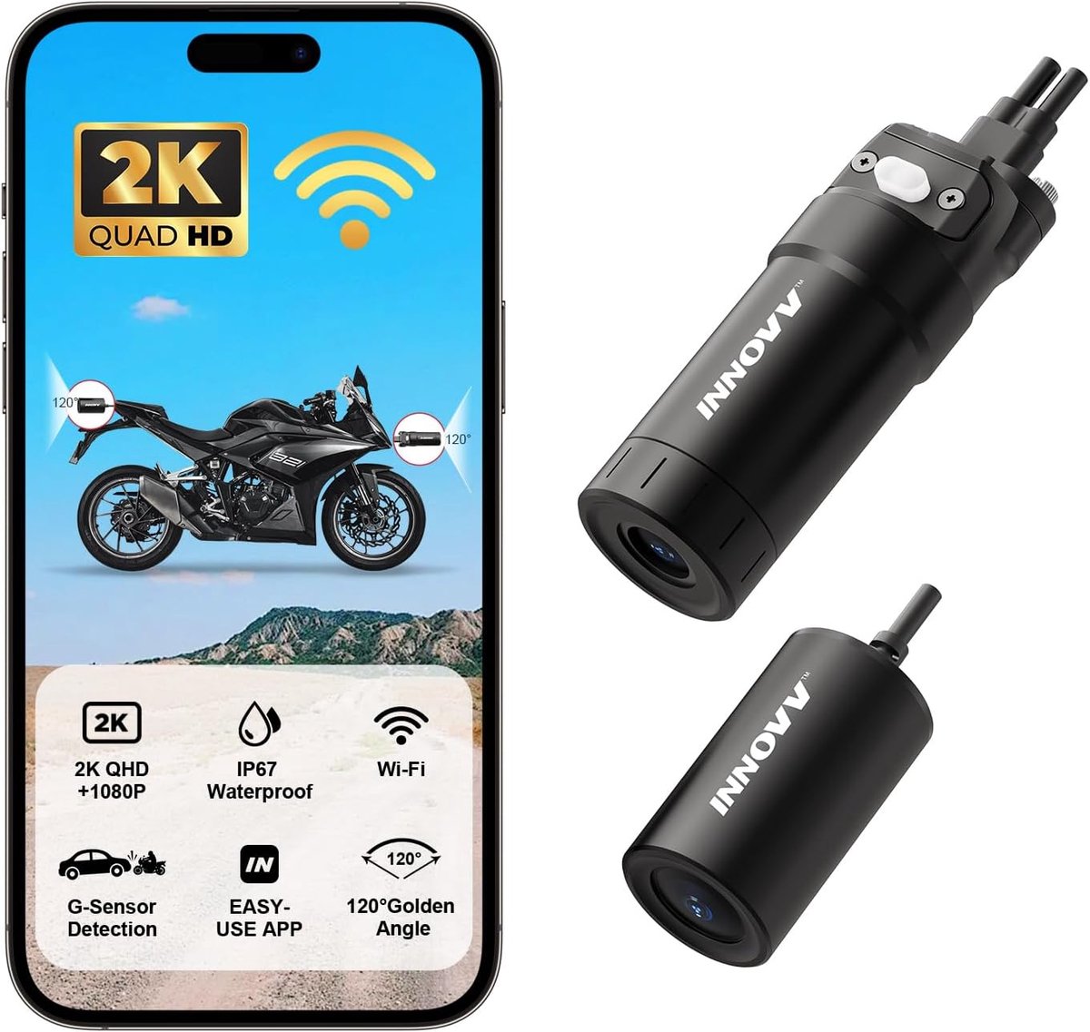 SnelShoppen - Motor Dash Cam voor Voor- en Achterzijde 2K QHD + 1080P, IP67 Waterdichte Motorfiets Camera met WiFi, Collision G Sensor, 120° Hoek, Ond