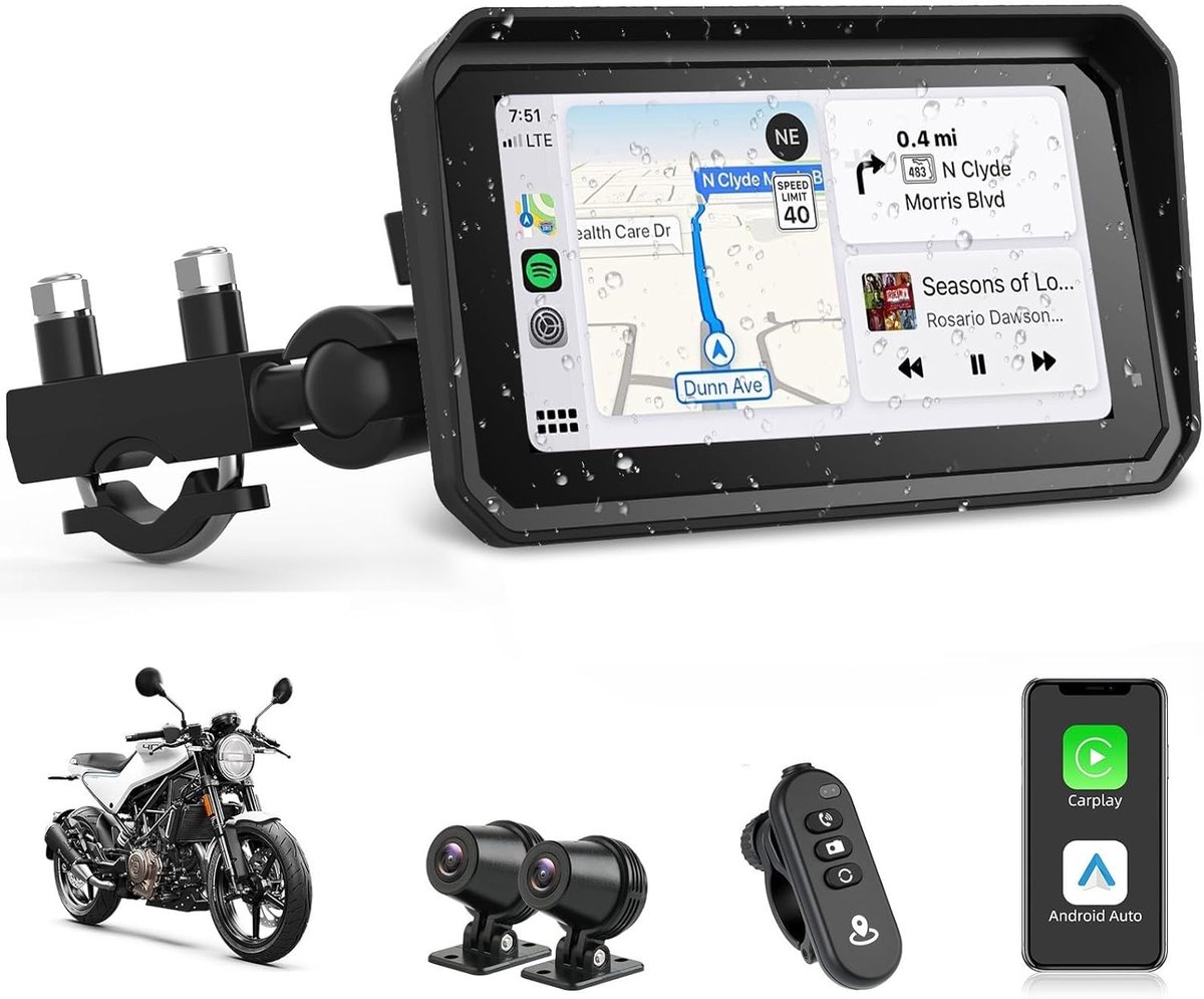 SnelShoppen - 4K Dashcam voor Motoren en Auto's met CarPlay en Android - 6.25 Inch Navigatie, IP67 Waterproof, GPS met Dual Bluetooth en Siri/Google A