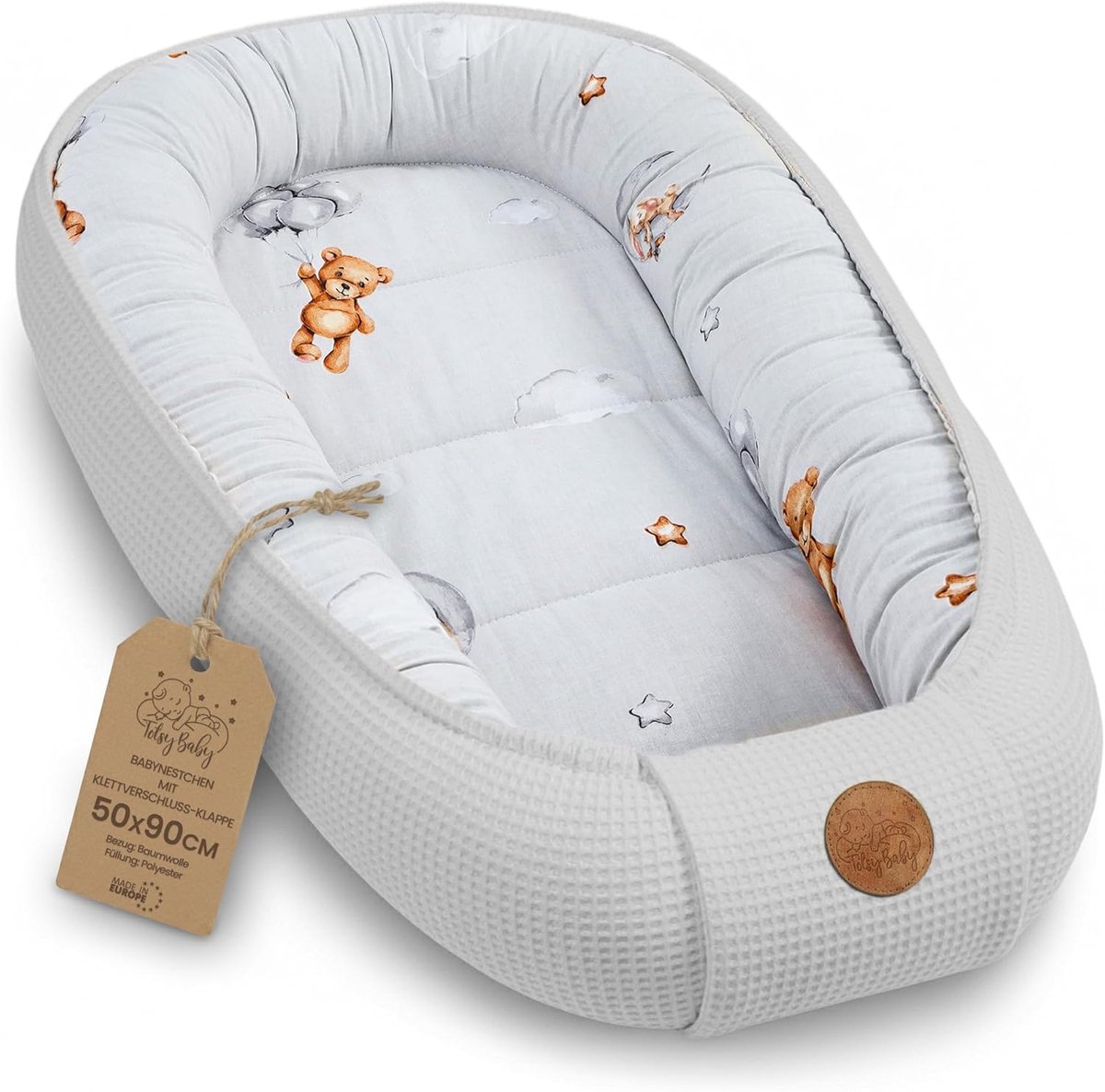 SnelShoppen - Baby Nest Newborn Nest Baby 50x90 cm Cocoon Handmade Dubbelzijdig Waffle Pique Katoen met Slapende Teddyberen - Veilig en Comfortabel vo