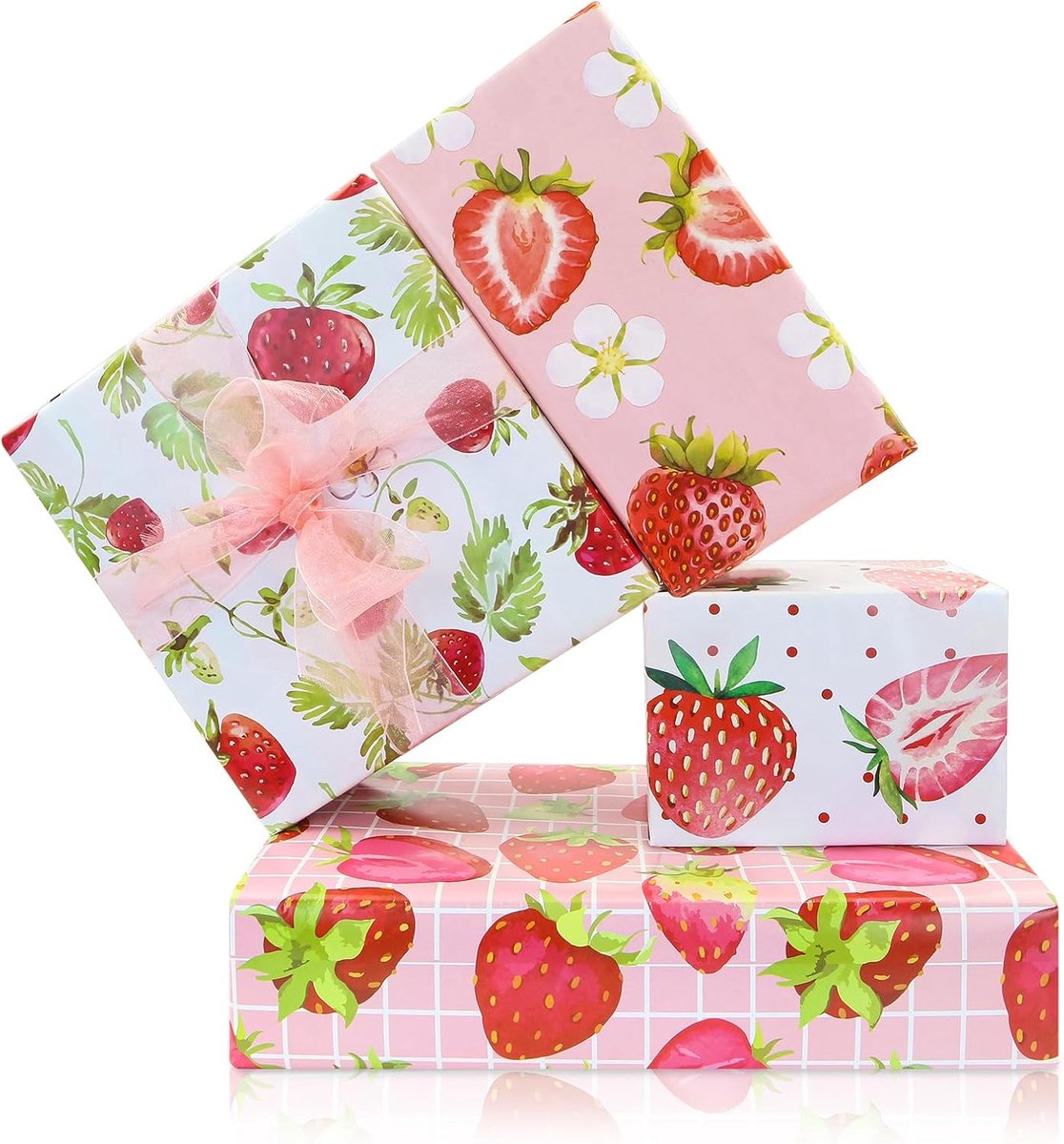 Aardbei Inpakpapier - 8 Vellen, 4 Ontwerpen, 50 x 61 cm - Leuk Cadeaupapier voor Verjaardag, Bruiloft en Feestjes