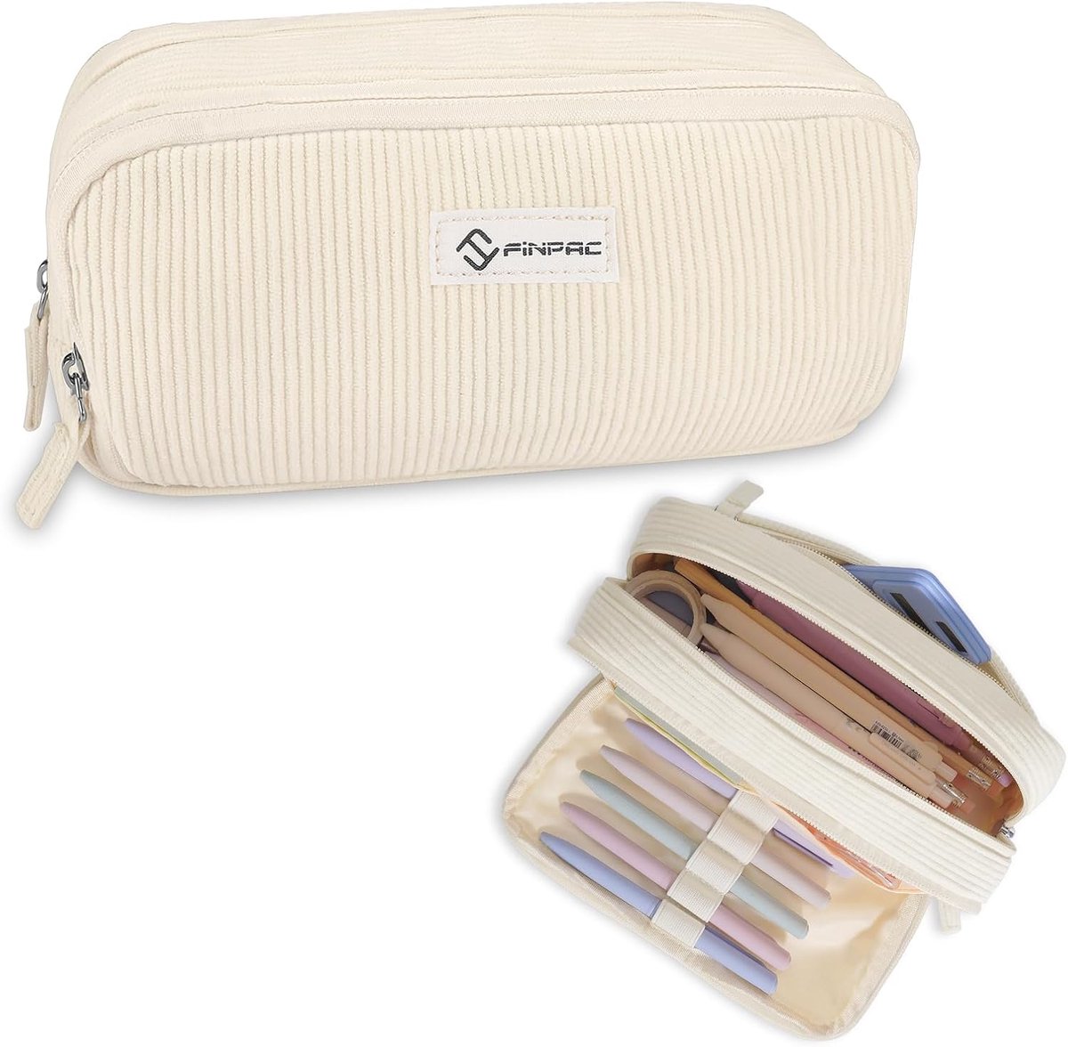 SnelShoppen - Grote Pennenhouder van Corduroy met 3 Compartimenten - Beige - Ruime Opbergruimte voor School en Kantoor - Geschikt voor 100 Pennen, Pot