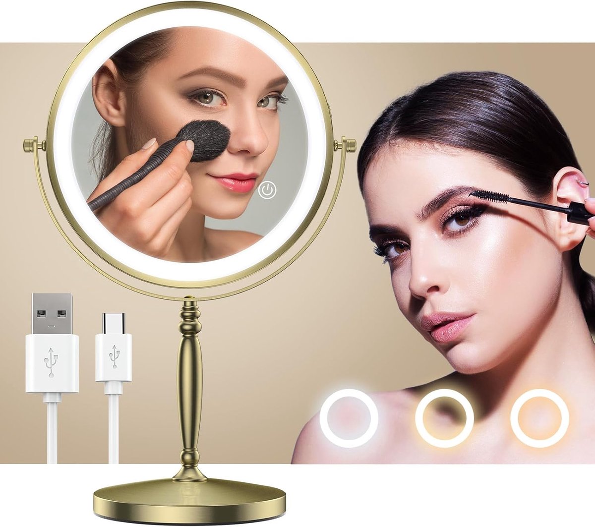 SnelShoppen - 8 Inch Makeup Spiegel met Verlichting, Oplaadbaar, Dubbelzijdig (1X 10X Vergrotende Spiegel), Verlicht, Touch Sensor Dimbaar, 3 Kleuren