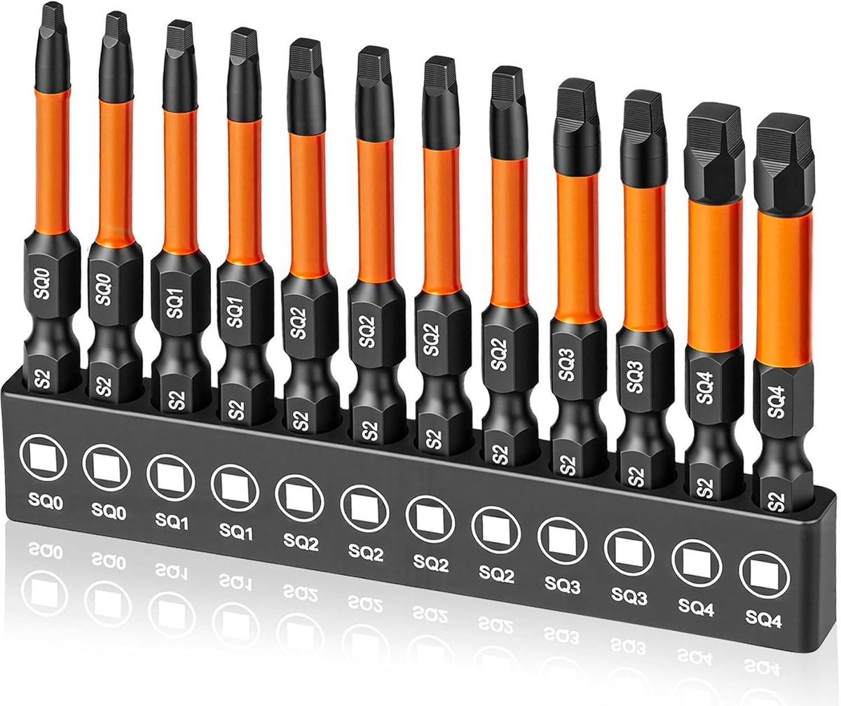 SnelShoppen - Set van 12 vierkante schroefbitjes 50mm - S2 staal - 1/4 inch magnetische bits - maat #0, #1, #2, #3, #4 voor accuschroefmachines