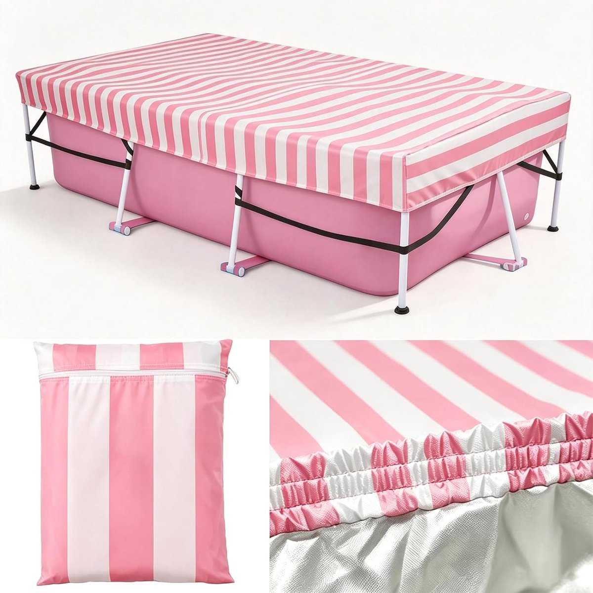 SnelShoppen - Pool Cover voor Rechthoekige Opbouwzwembaden - Zonnescherm met Geïntegreerde Elastische Band en Sterke Riem - Winddicht, Makkelijk te Mo