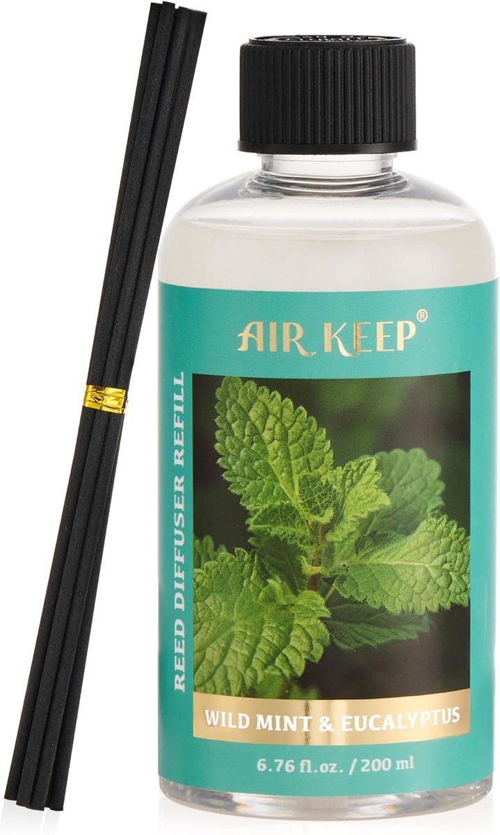 SnelShoppen - Airkeep Geurstokjes Navulling 200ml - Wild Mint & Eucalyptus - Aroma Diffuser voor Woonkamer, Slaapkamer, Badkamer - Verfrissende Geur v
