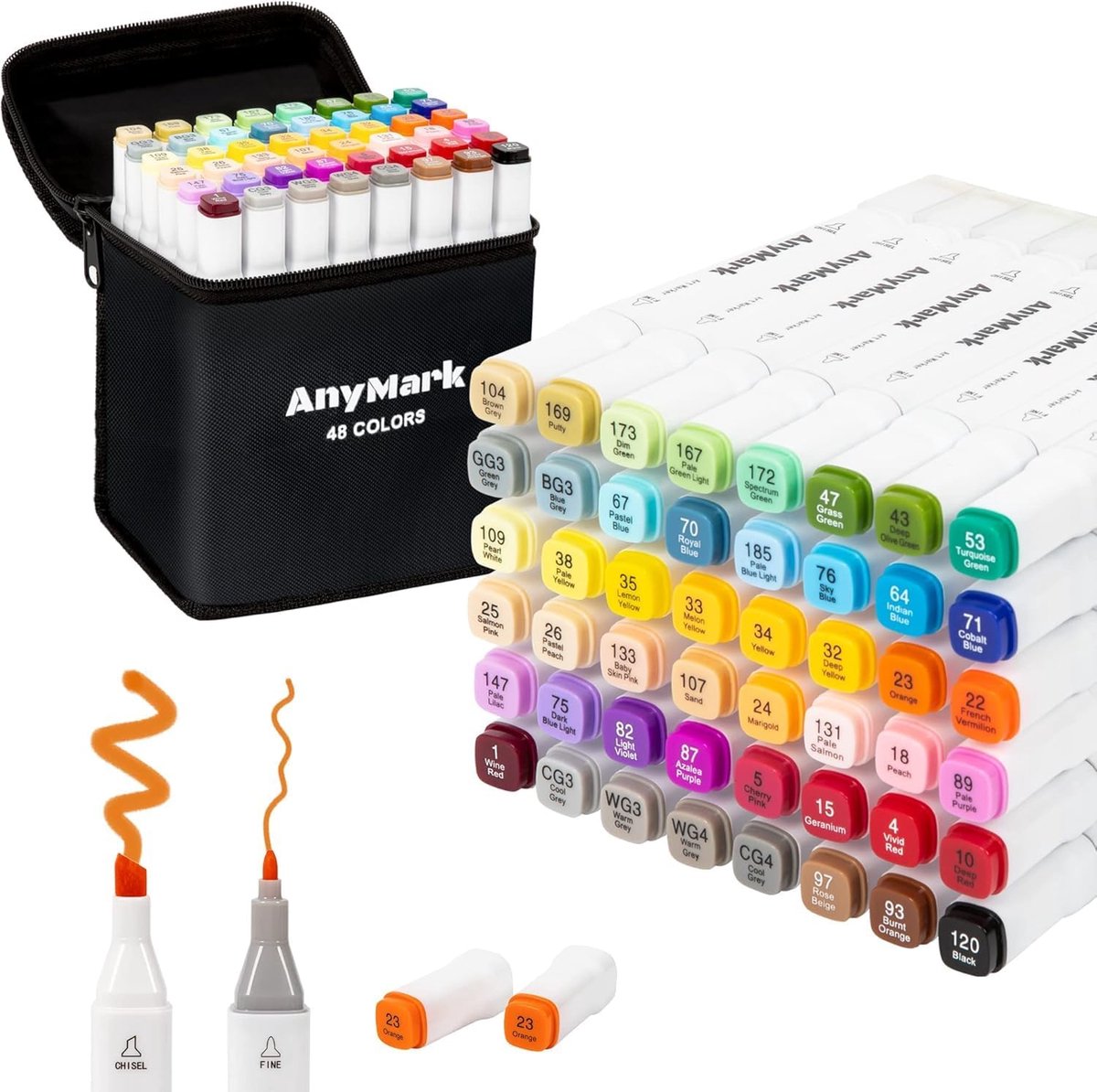SnelShoppen - 48 Kleuren Alcohol Markers - Dubbelzijdige Stiften met Chisel & Fijne Punt voor Illustraties, Tekenen, Handlettering, Creatieve Projecte
