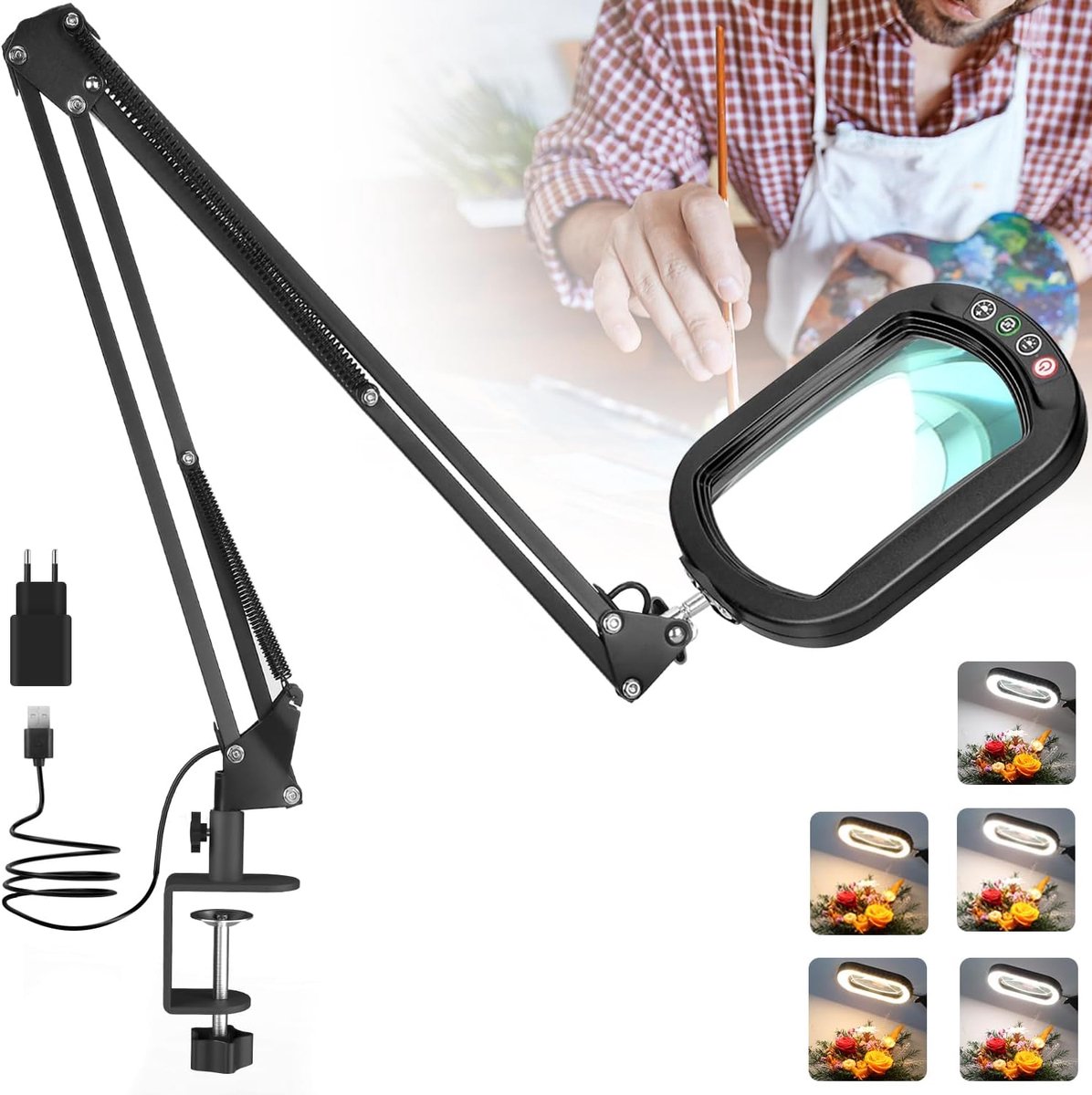SnelShoppen - LED Vergrootglas met Licht en Klem, 10x Vergroting, 5 Kleuren, Dimbaar, 40 cm Rotatiearm, Handenvrij Leeslamp voor Lezen en Hobby's