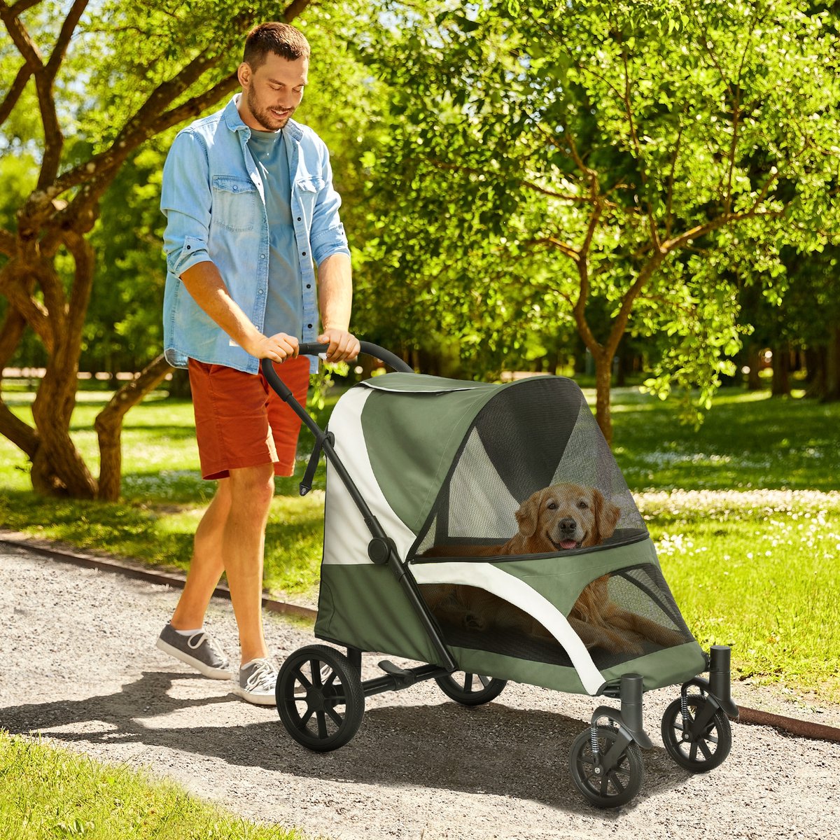 FloraGrace Dierenbuggy – Opvouwbaar 124 x 67 x 100 cm – Polyester – Donkergroen – Voor Honden Tot 30 kg – Met Netvensters En Rem