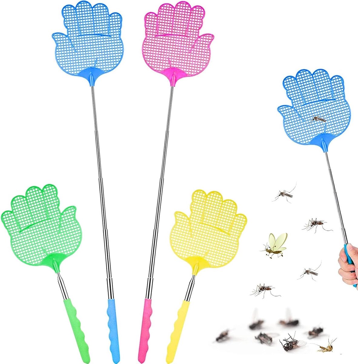 SnelShoppen - Telescopische Vliegenmepper Set van 4 - Handige Insectenbestrijding - Flexibele Plastic Vliegenzwatters voor Binnen en Buiten - 10.5 cm