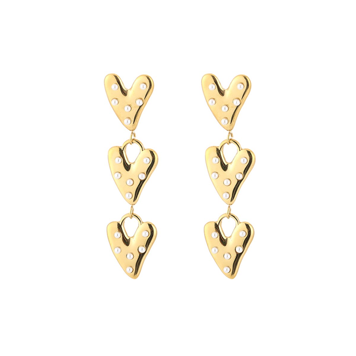 Stainless Steel Drie Hartjes Oorhangers met Parels – Romantische & Elegante Oorbellen - RVS - Goud