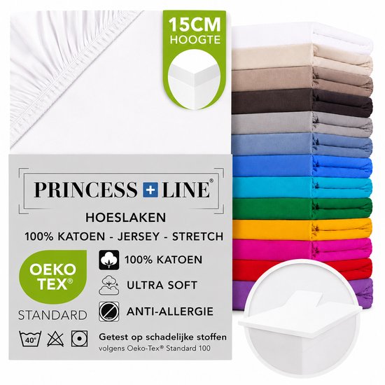 Wit hoeslaken van 100% katoen jersey, ultra zacht en anti-allergisch. De hoekhoogte is 15 cm. Deelbaar met ca. 90 cm split. Getest volgens Oeko-Tex Standard 100.