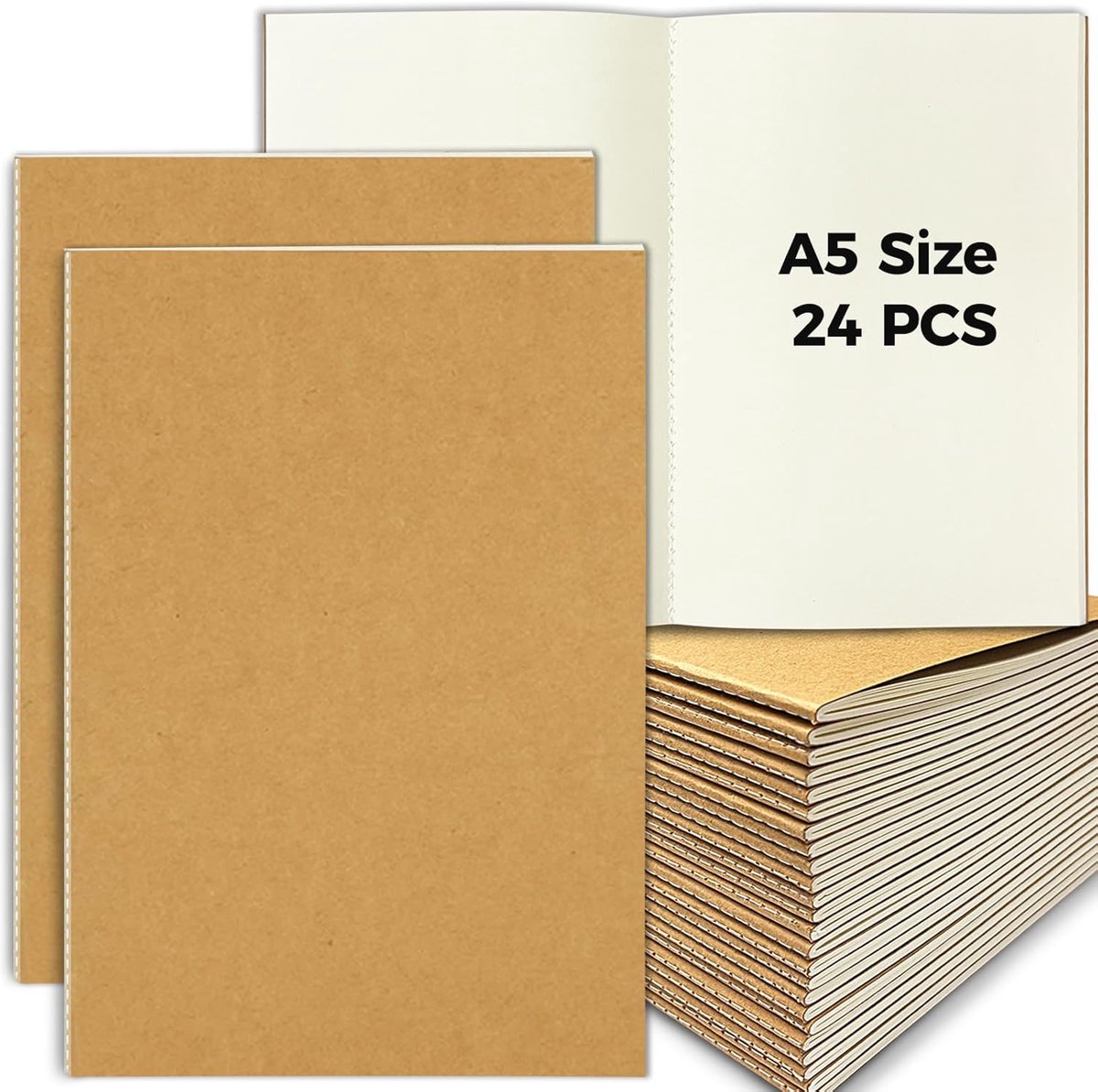 SnelShoppen - A5 Notitieboek Set van 24 Stuks - Kraft Cover - 60 Blanke Pagina's - Perfect voor Kinderen, Studenten, Kantoor en Creatieve Projecten -