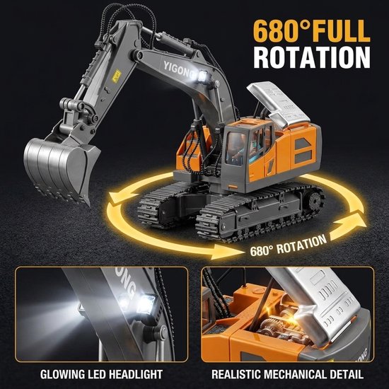 Grijze en oranje RC graafmachine met 680° rotatie, LED koplampen en realistische mechanische details.