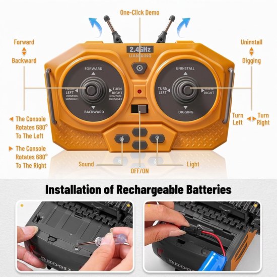 Oranje afstandsbediening met twee joysticks, knoppen en de tekst '680° Rotation', met installatie-instructies.