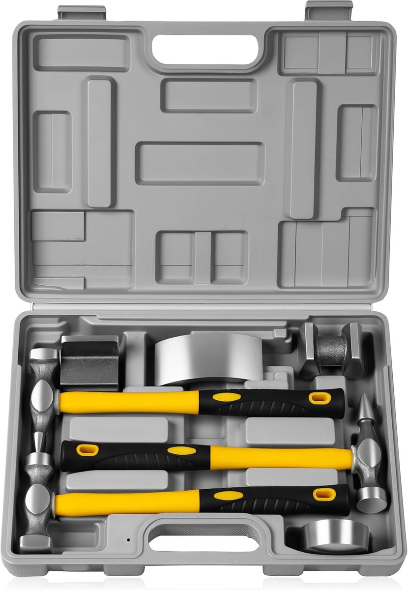 SnelShoppen - 7-delige Hamer en Dolly Set voor Carrosserie Reparatie - Fiberglass Hamer voor Dents, Inclusief Opslagcase